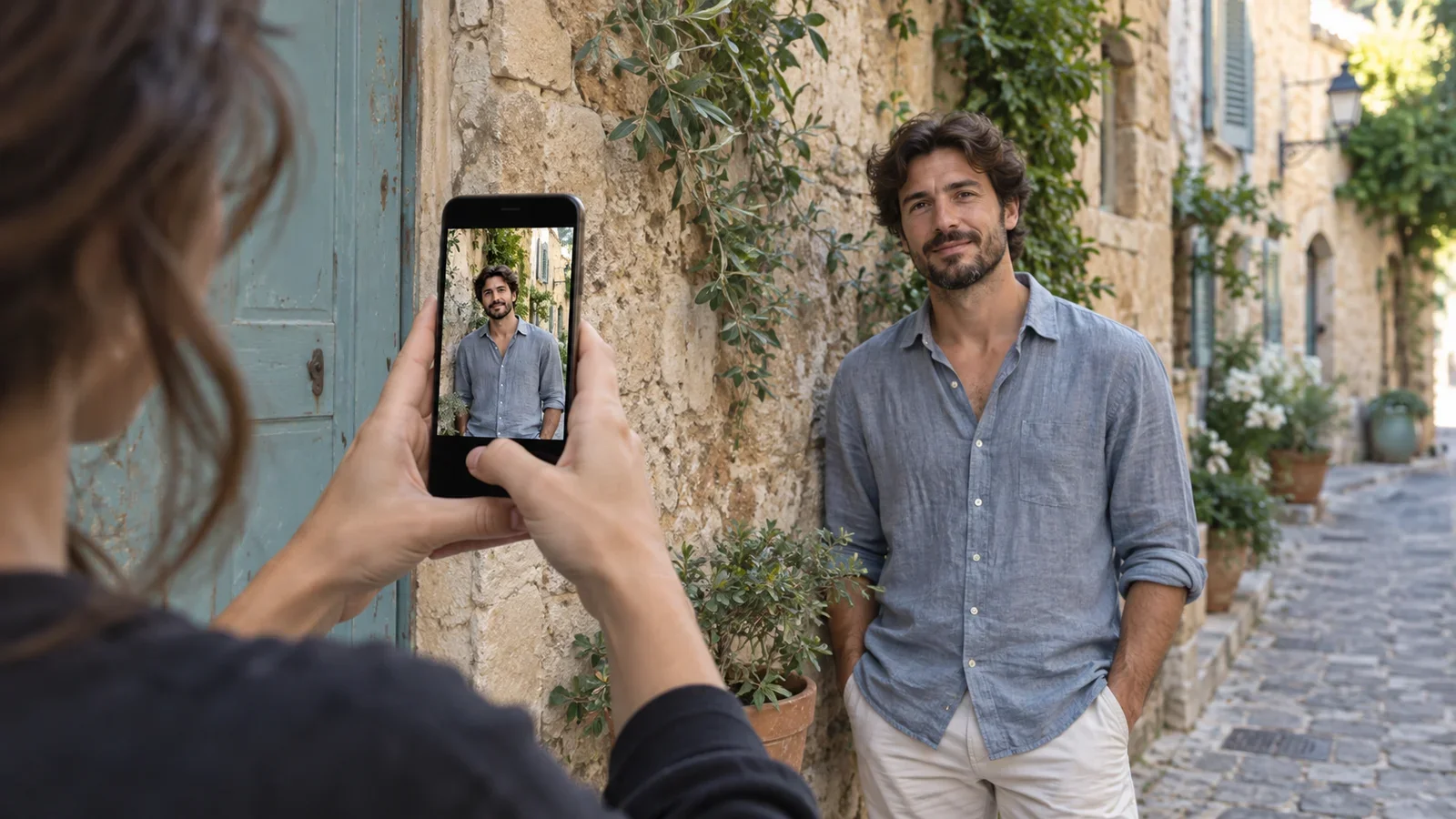 Una persona realizza con lo smartphone un ritratto di un uomo in una strada ombreggiata