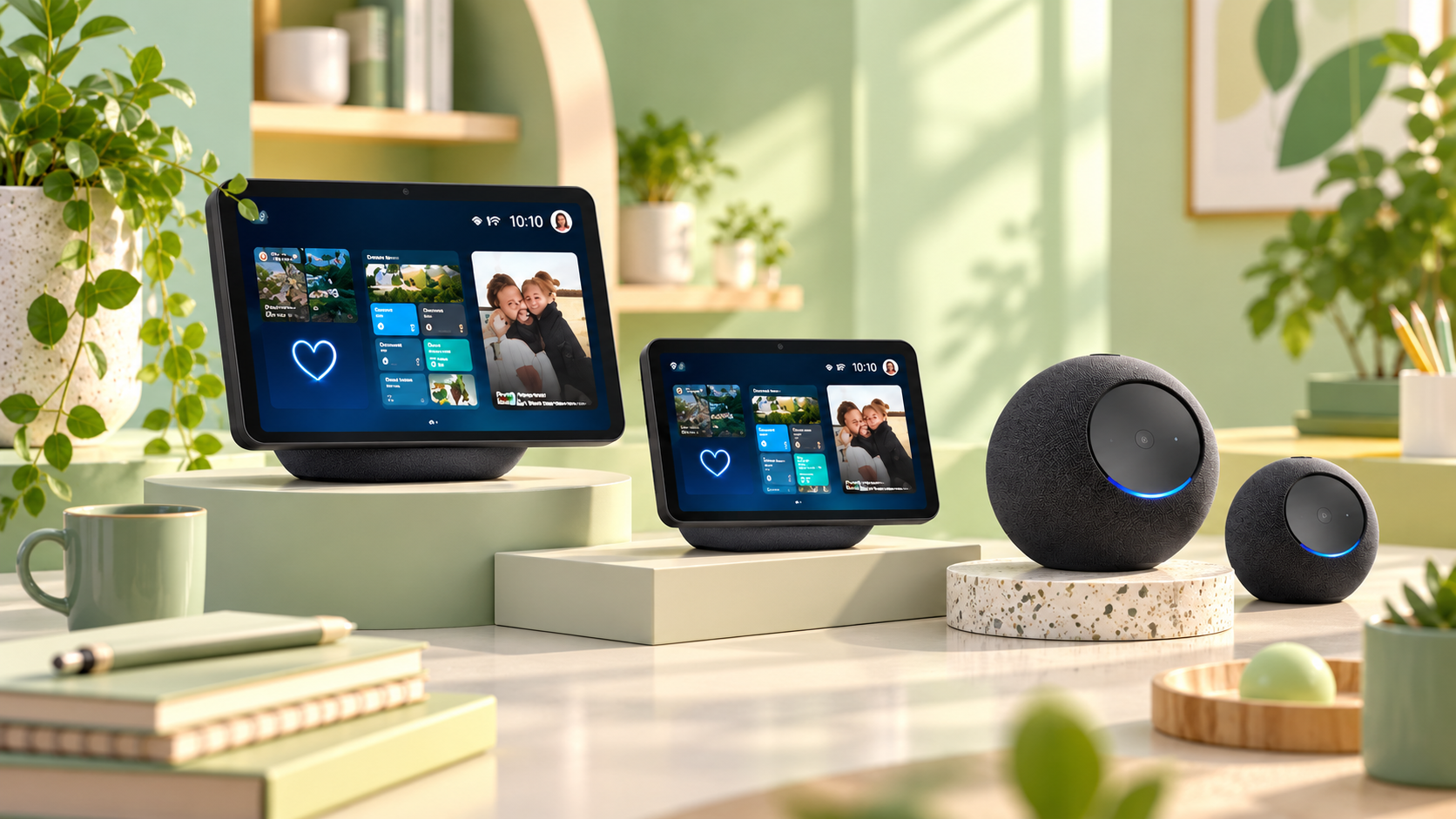 Echo Show 8 ed Echo Show 11 in una composizione verde con altri dispositivi Echo