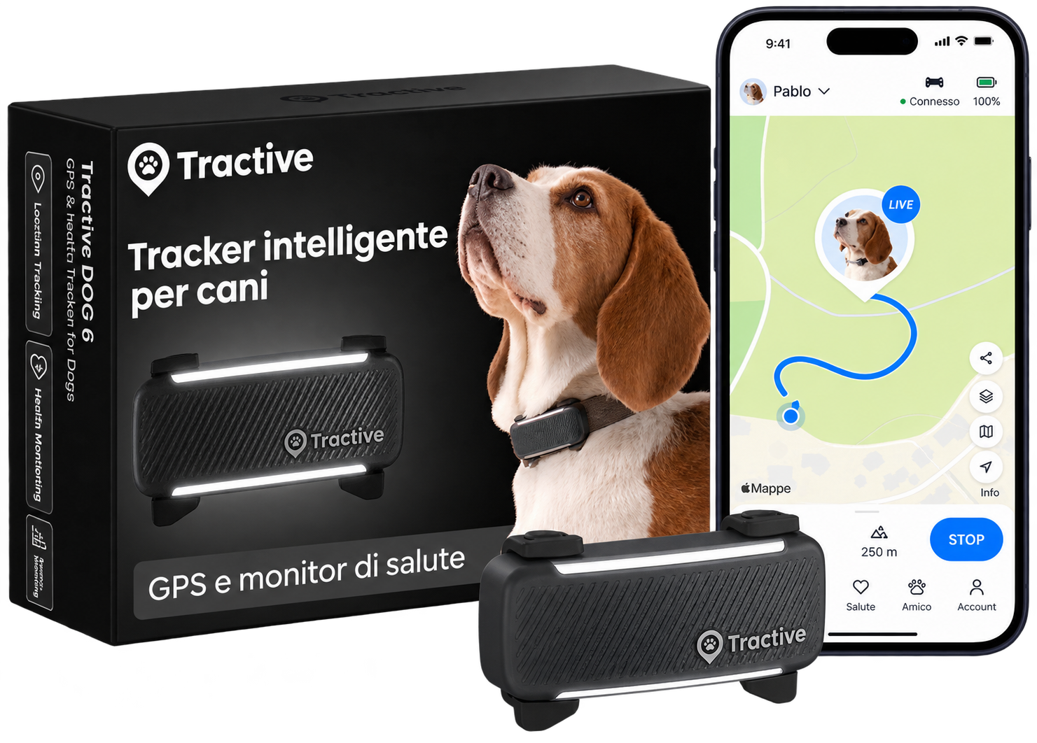 Tractive DOG 6, confezione e rappresentazione dell’app su fondo trasparente