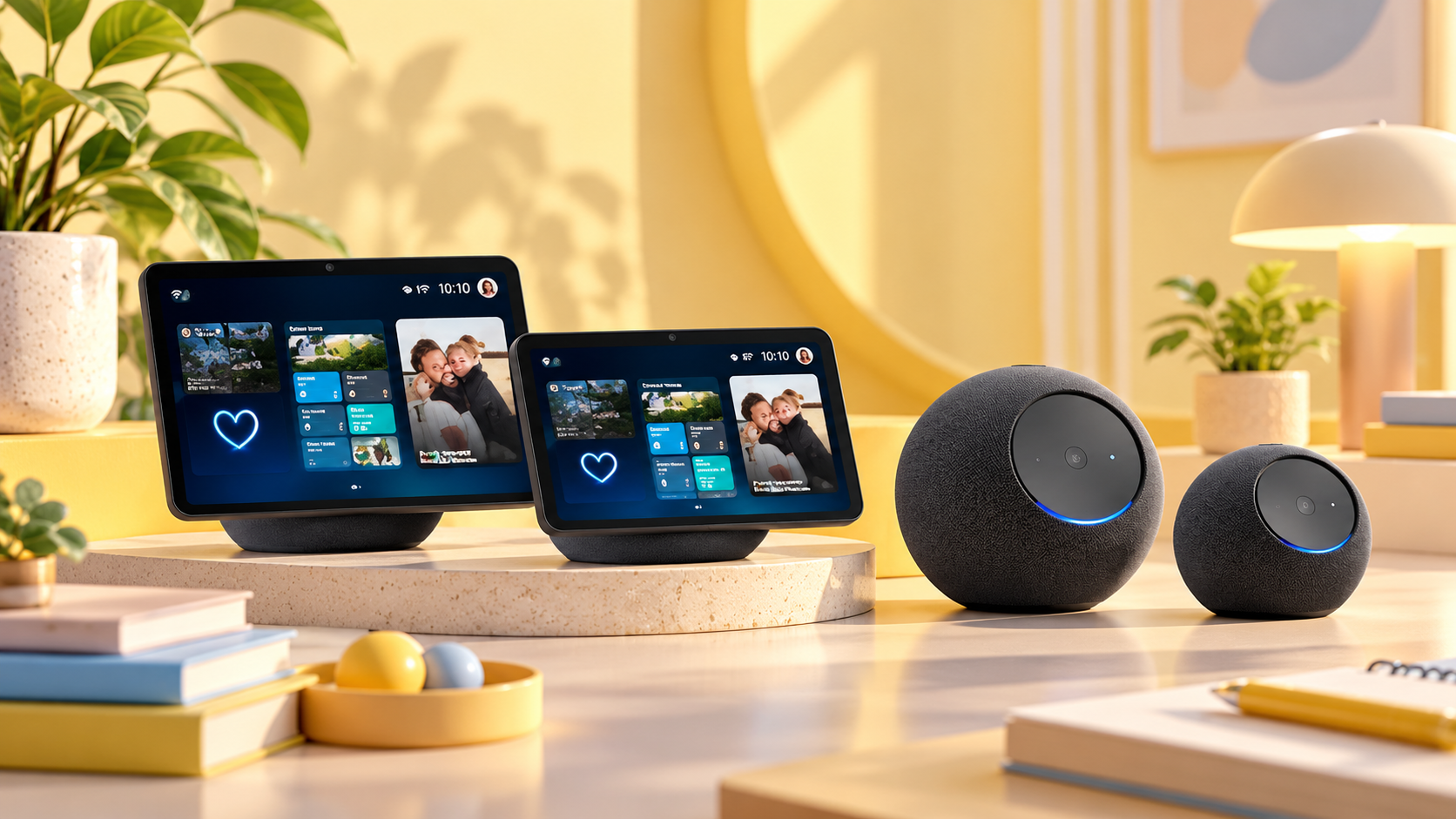 Echo Show 8 ed Echo Show 11 con altri speaker Echo in una composizione gialla