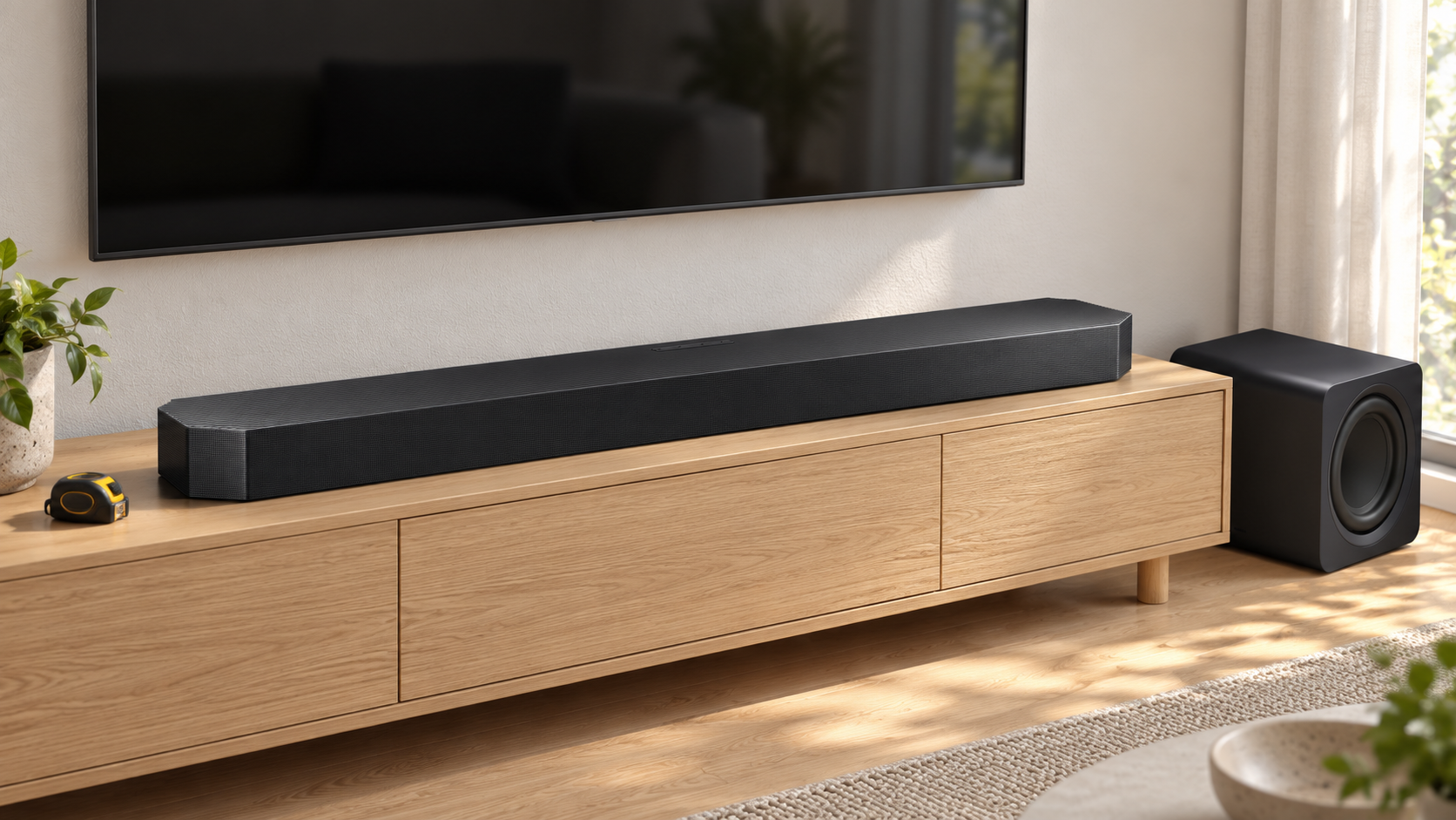 Illustrazione della soundbar Samsung HW-Q990H su un mobile TV con subwoofer compatto a lato