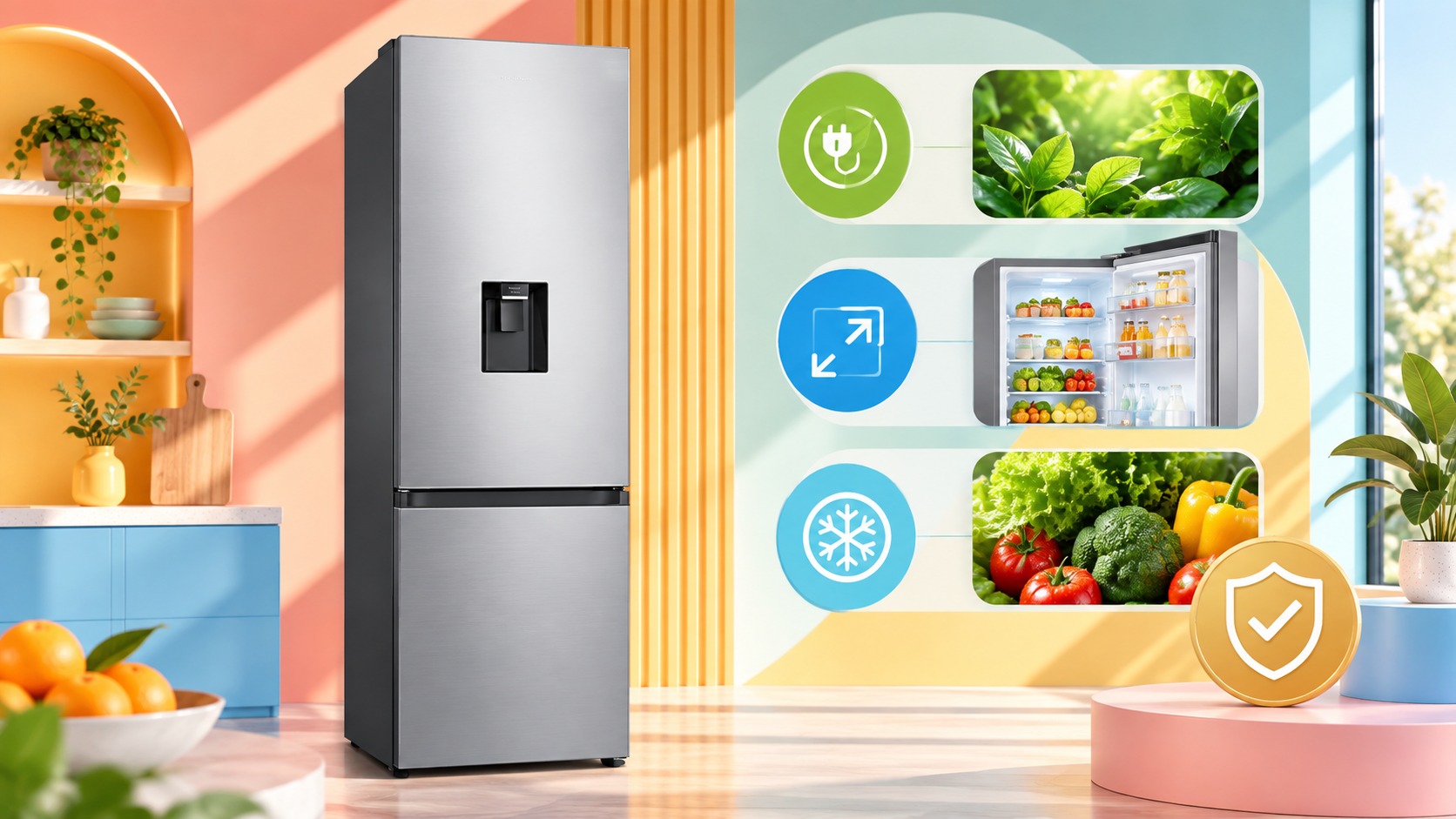 Composizione illustrativa di Samsung EcoFlex AI con alimenti e simboli delle funzioni