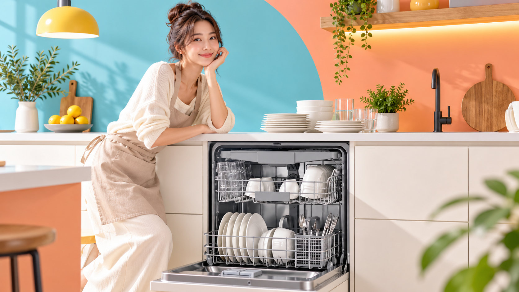 Bosch Serie 6 aperta in una cucina colorata, composizione illustrativa
