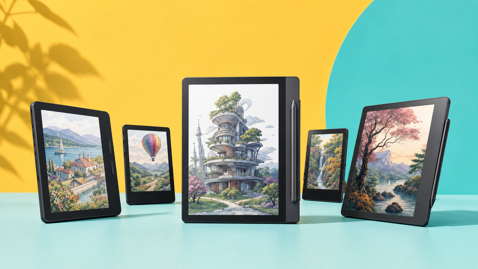 E-reader a colori disposti su un set editoriale