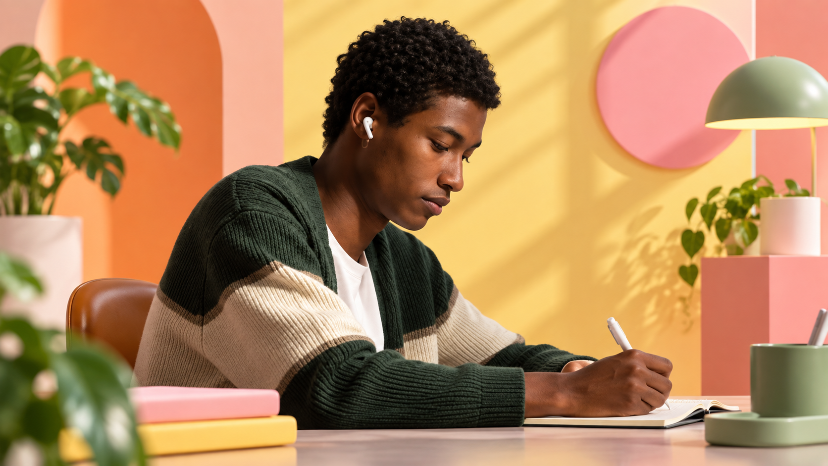 Una persona scrive alla scrivania indossando gli AirPods 5