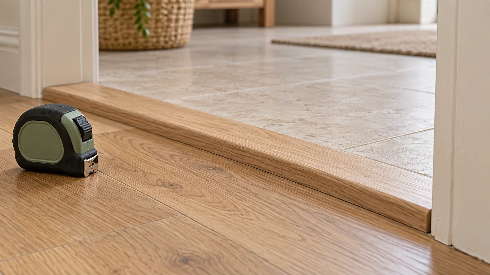 Profilo di una soglia in legno tra due pavimenti, con un metro a nastro chiuso appoggiato accanto