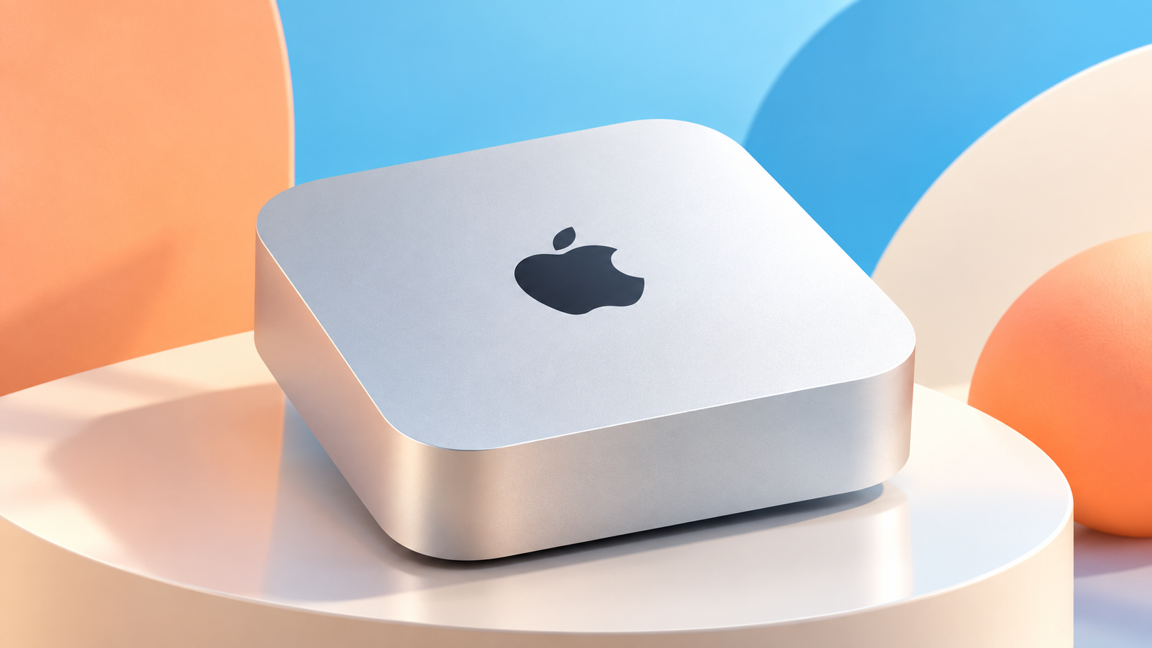 Mac mini M6 su un piedistallo con sfondo azzurro e arancio