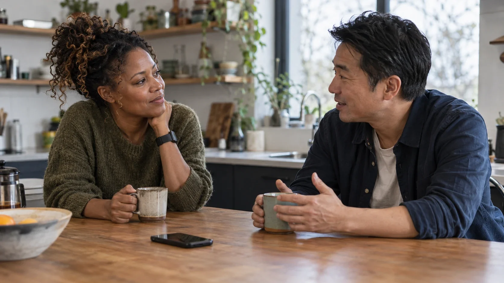 Due persone conversano in cucina davanti a una tazza di caffè