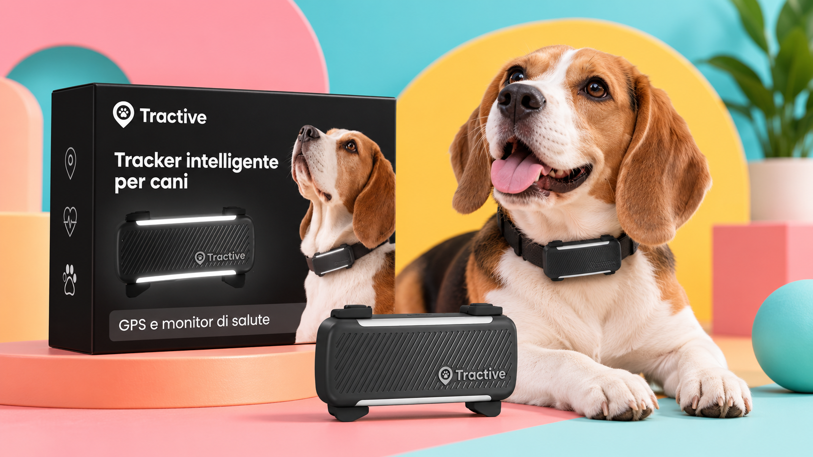 Tractive DOG 6 e cane in una composizione illustrativa: sul collare ogni giorno