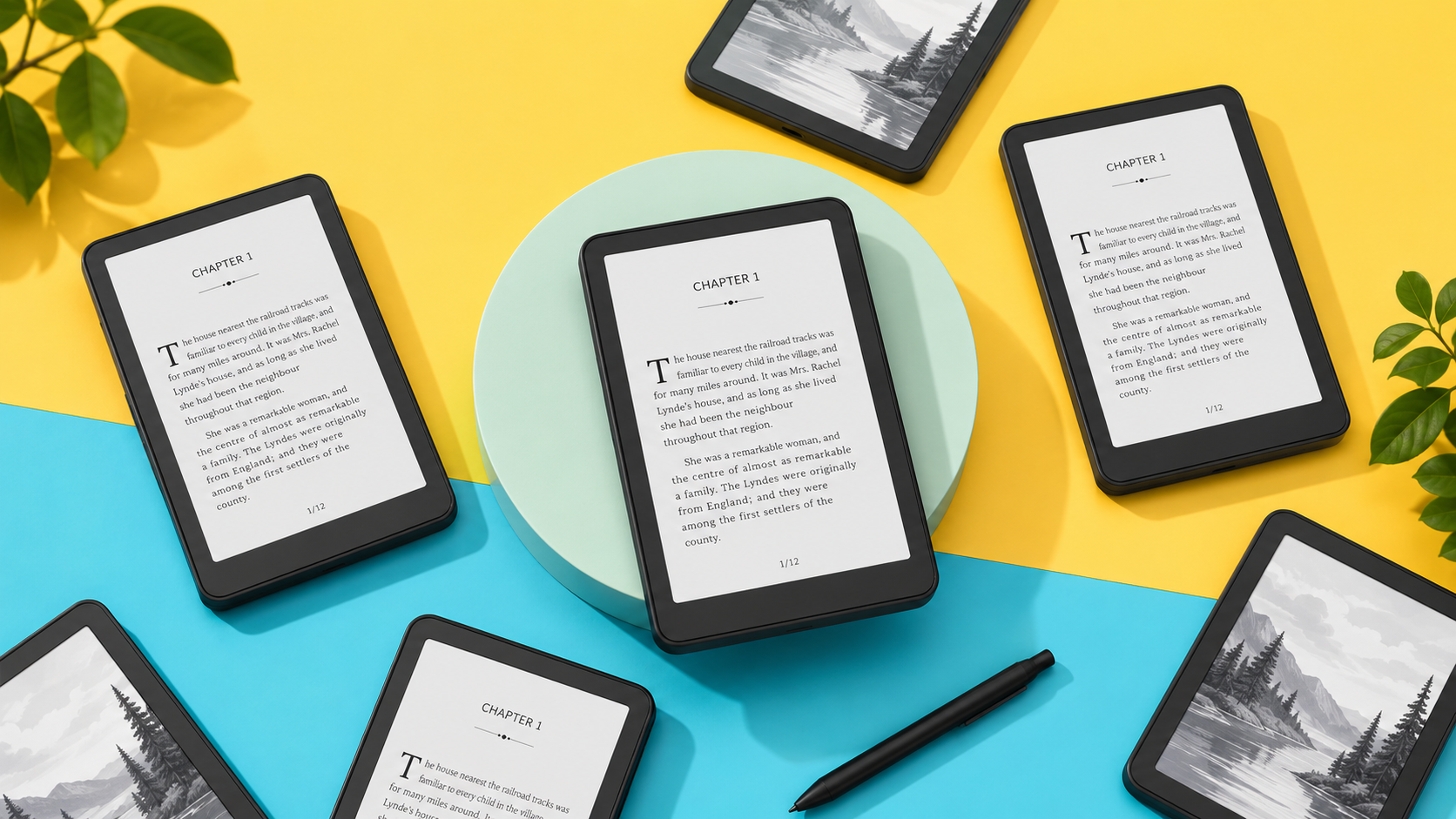 Selezione di ebook reader Kindle e Kobo su sfondo editoriale