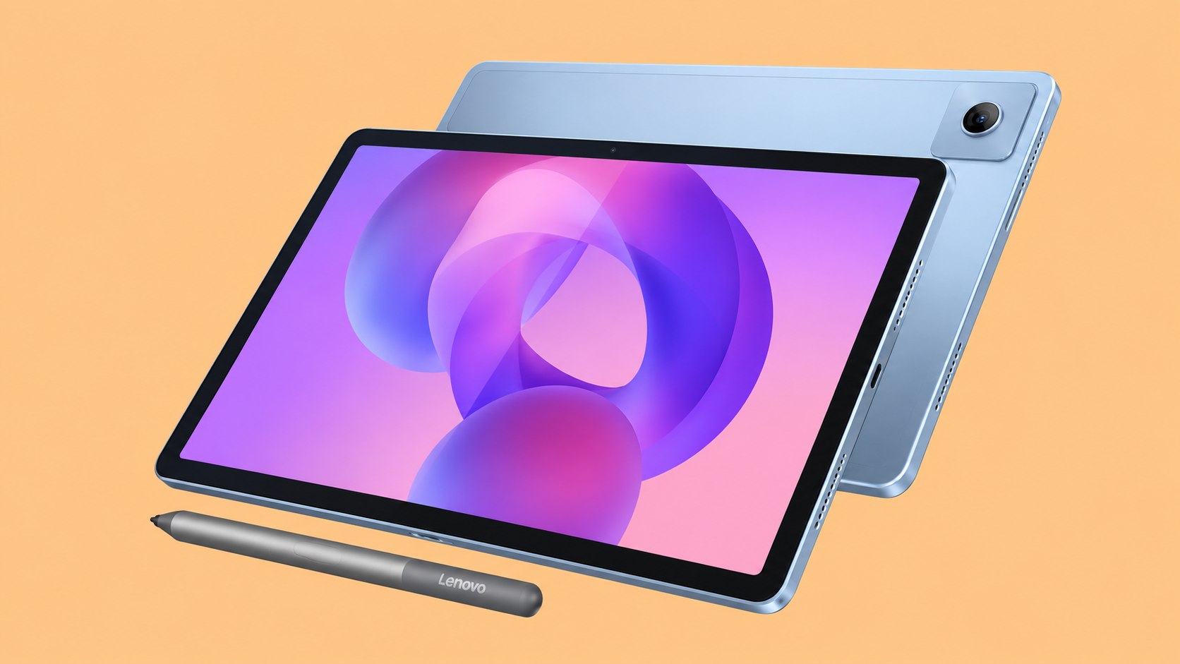 Lenovo Idea Tab azzurro con Lenovo Tab Pen su sfondo pesca