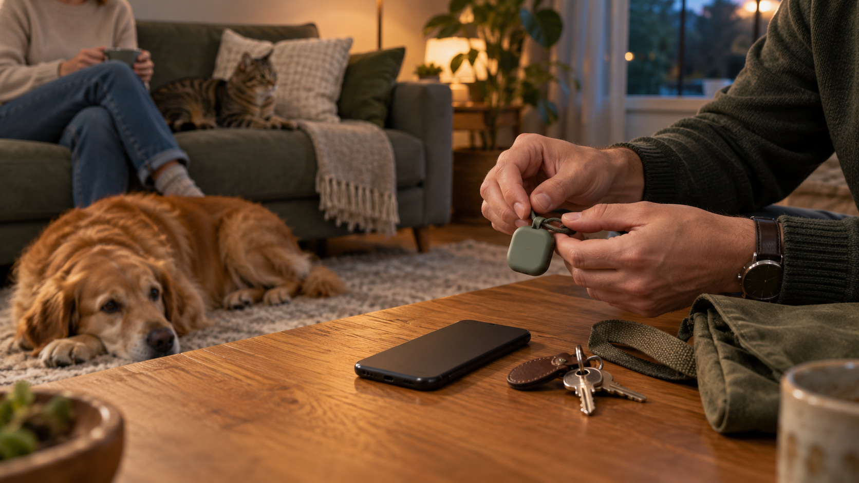 Una persona prepara un localizzatore generico mentre cane e gatto restano in casa con un’altra persona
