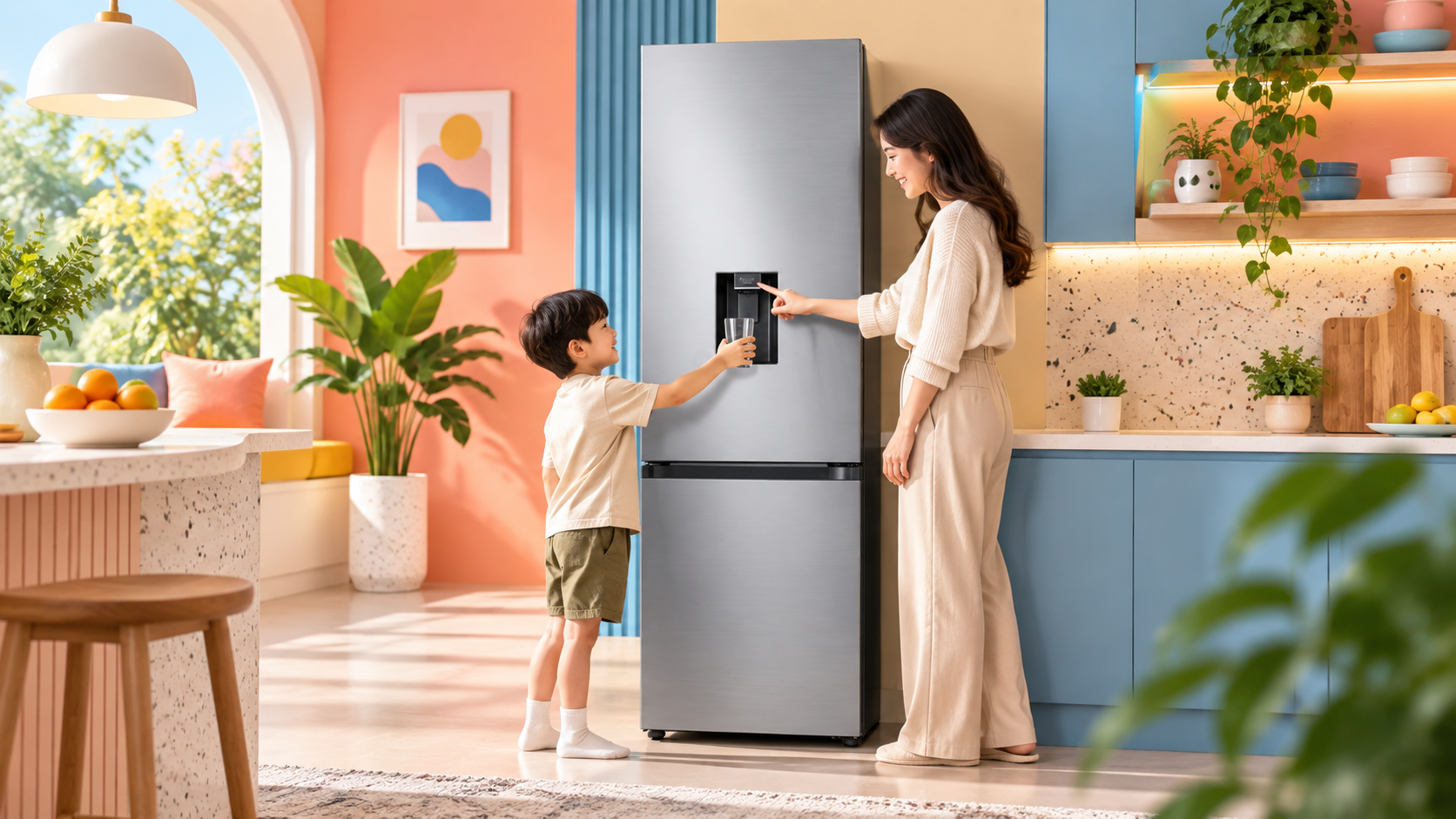 Samsung EcoFlex AI con una persona che riempie un bicchiere dal dispenser