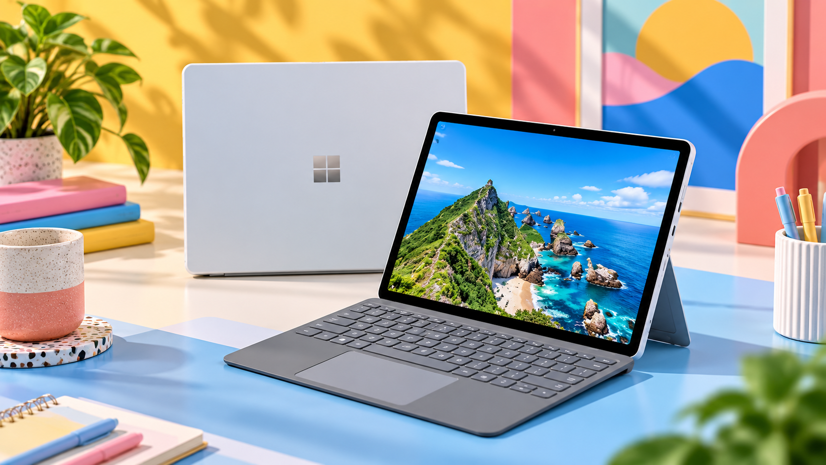Surface Pro 12 aperto con tastiera e immagine di paesaggio sul display