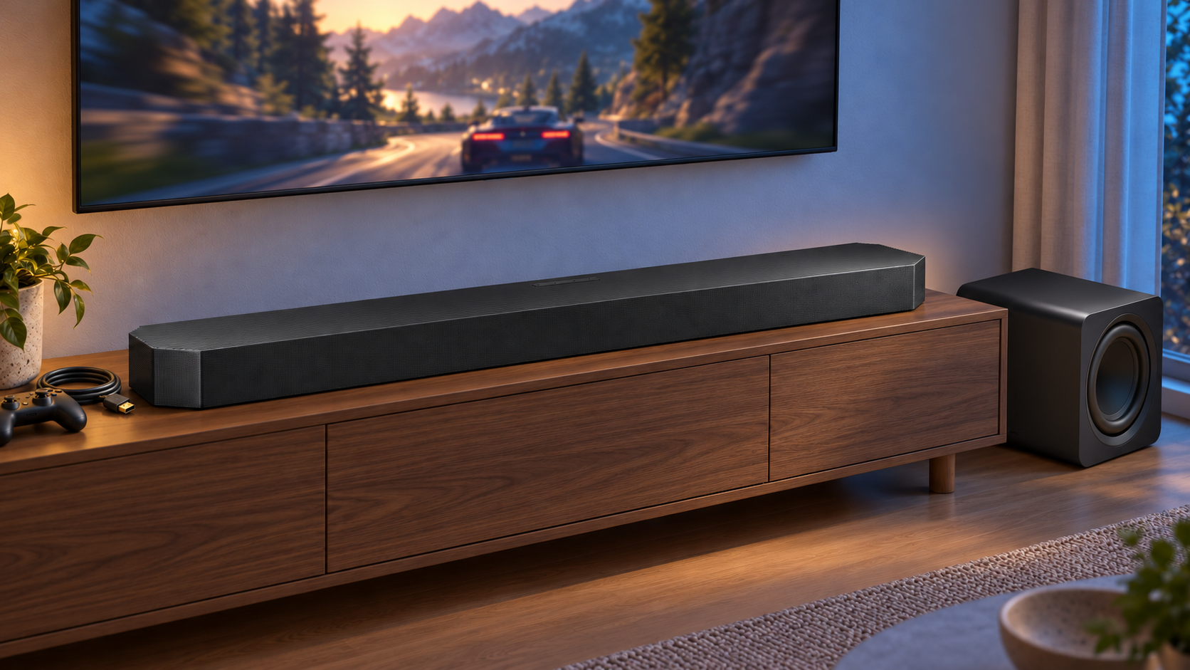 Illustrazione della soundbar Samsung HW-Q990H con controller e cavo HDMI sul mobile TV