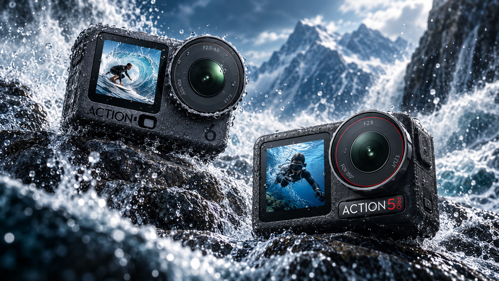 DJI Osmo Action 6 e Action 5 Pro tra rocce e spruzzi d’acqua