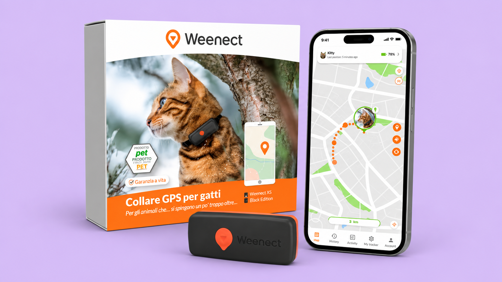 Weenect Cat XS nero, localizzatore GPS con kit collare