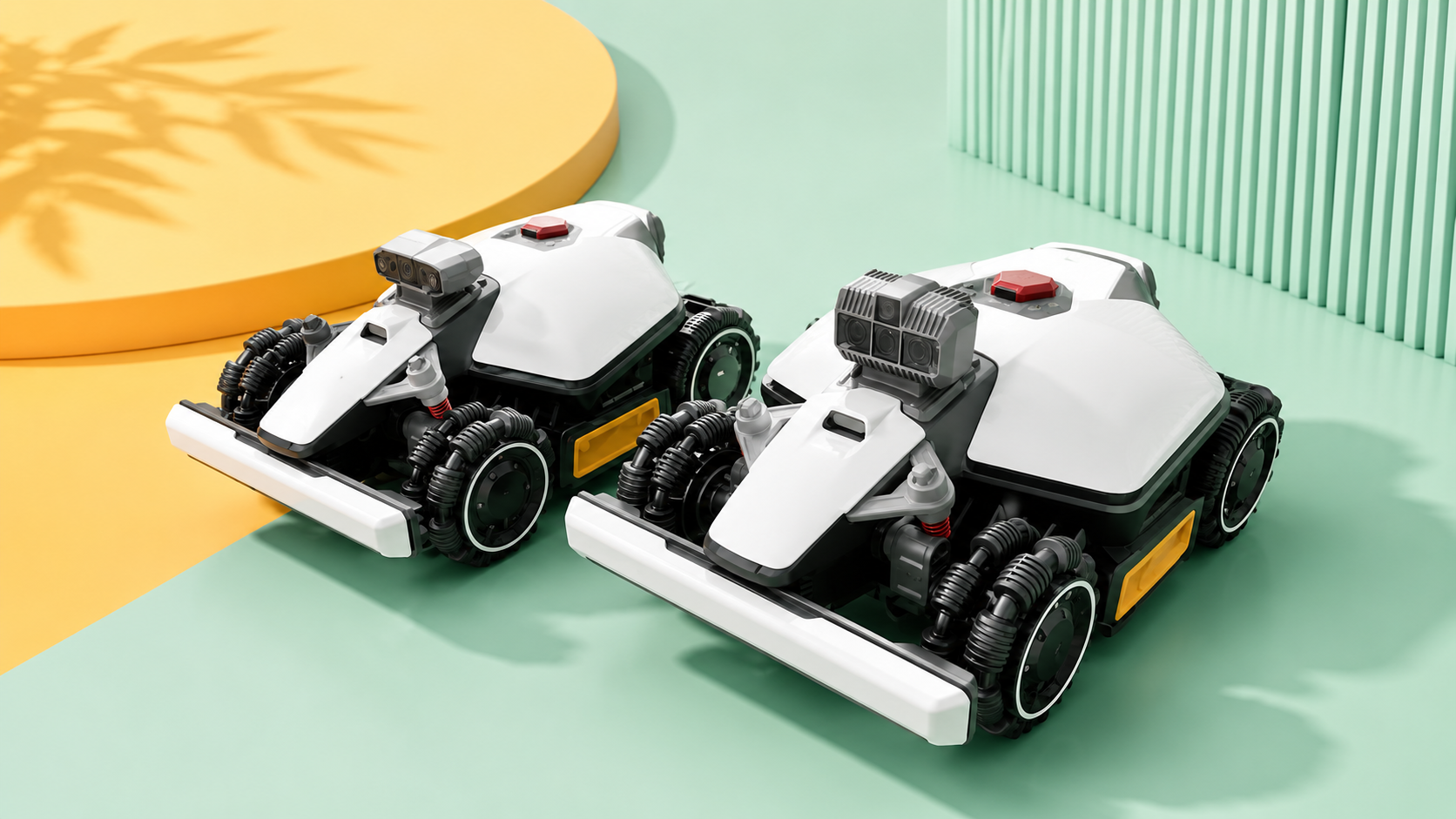 Cinque robot rasaerba Mammotion 2026 disposti in una composizione editoriale