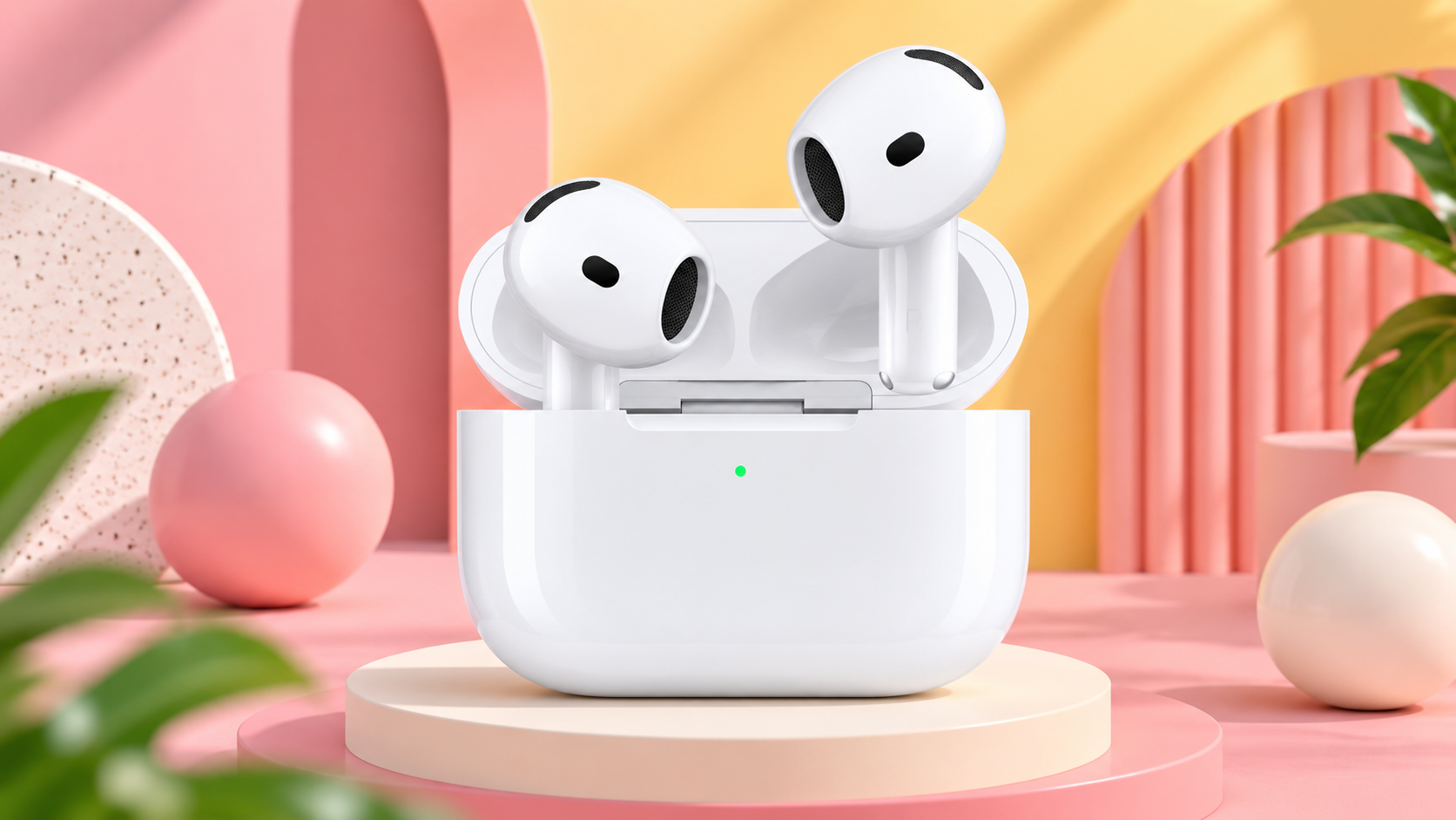 AirPods 5 nella custodia aperta su un piedistallo, con sfondo rosa e giallo