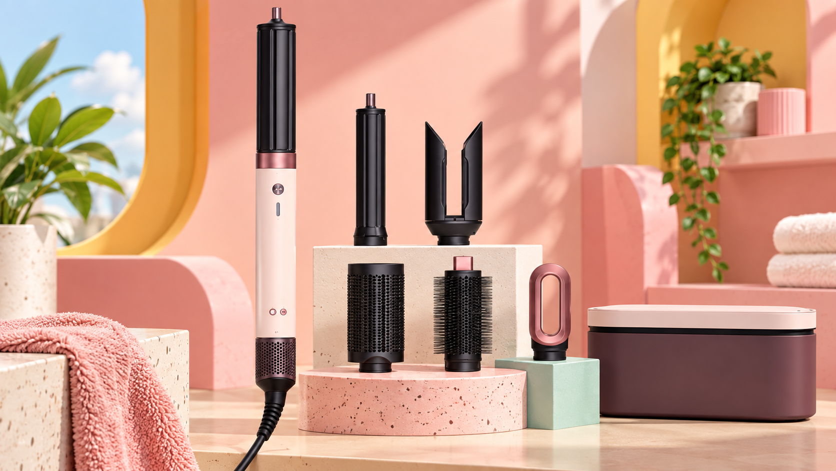Dyson Airwrap Co-anda2x con coni, spazzole e accessorio AirSmooth2x in un allestimento pastello