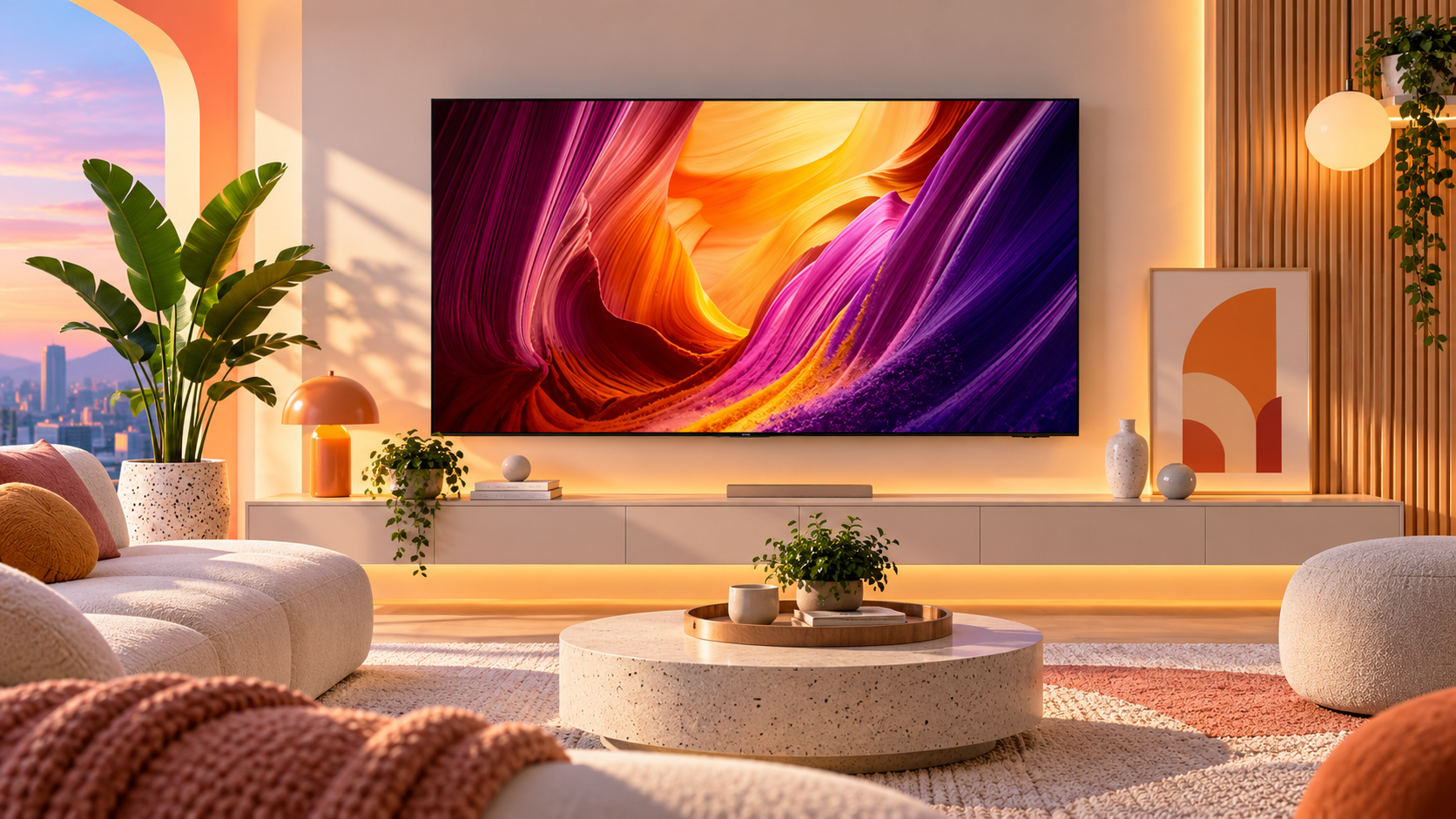 Samsung S95H da 55 pollici in un soggiorno luminoso, immagine illustrativa