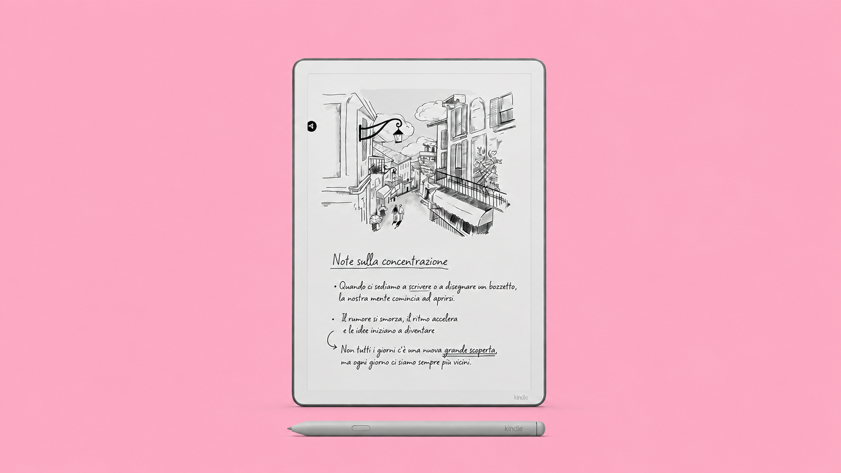 Amazon Kindle Scribe da 11 pollici affiancato dalla penna premium