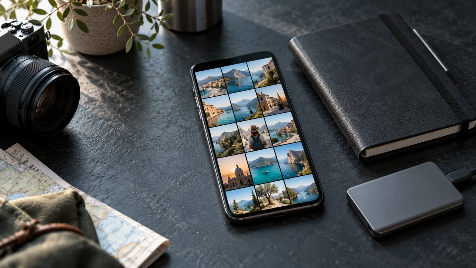 Smartphone con una galleria di fotografie accanto a un taccuino e a un SSD su una scrivania scura