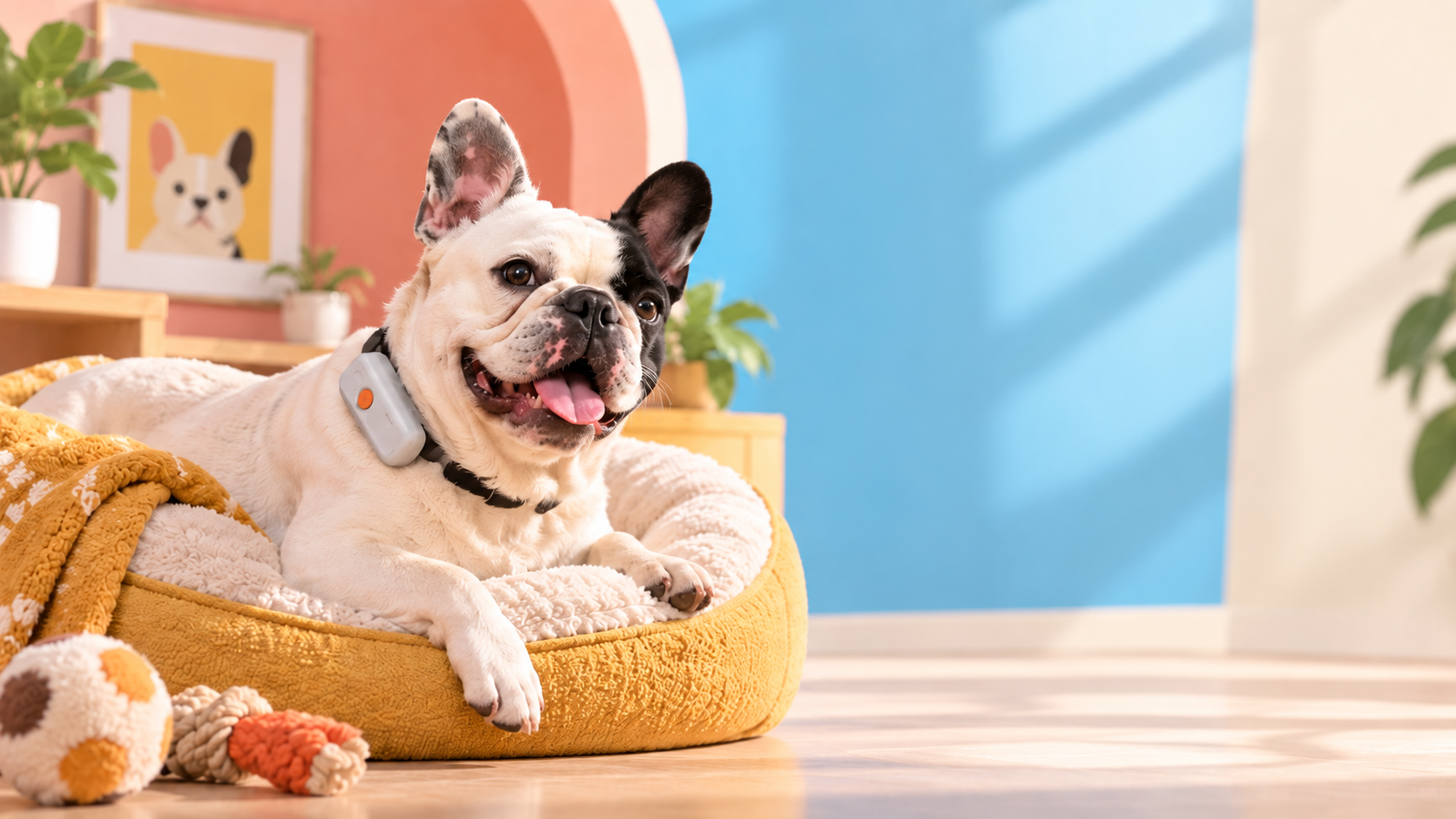 Cane di piccola taglia con Weenect XS in una scena domestica dai colori pastello