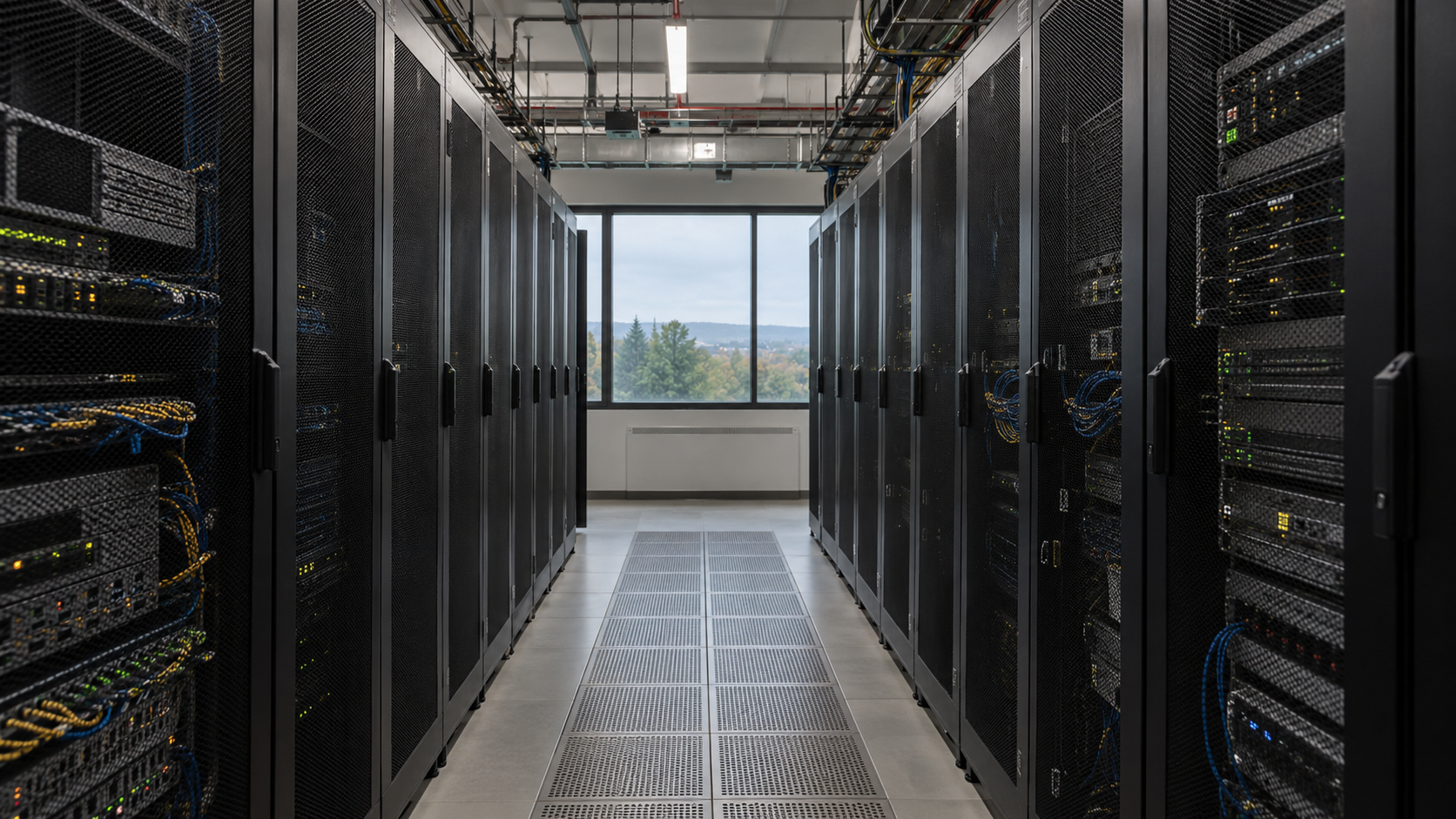 Scena illustrativa: corridoio di un data center con armadi server e cablaggi.