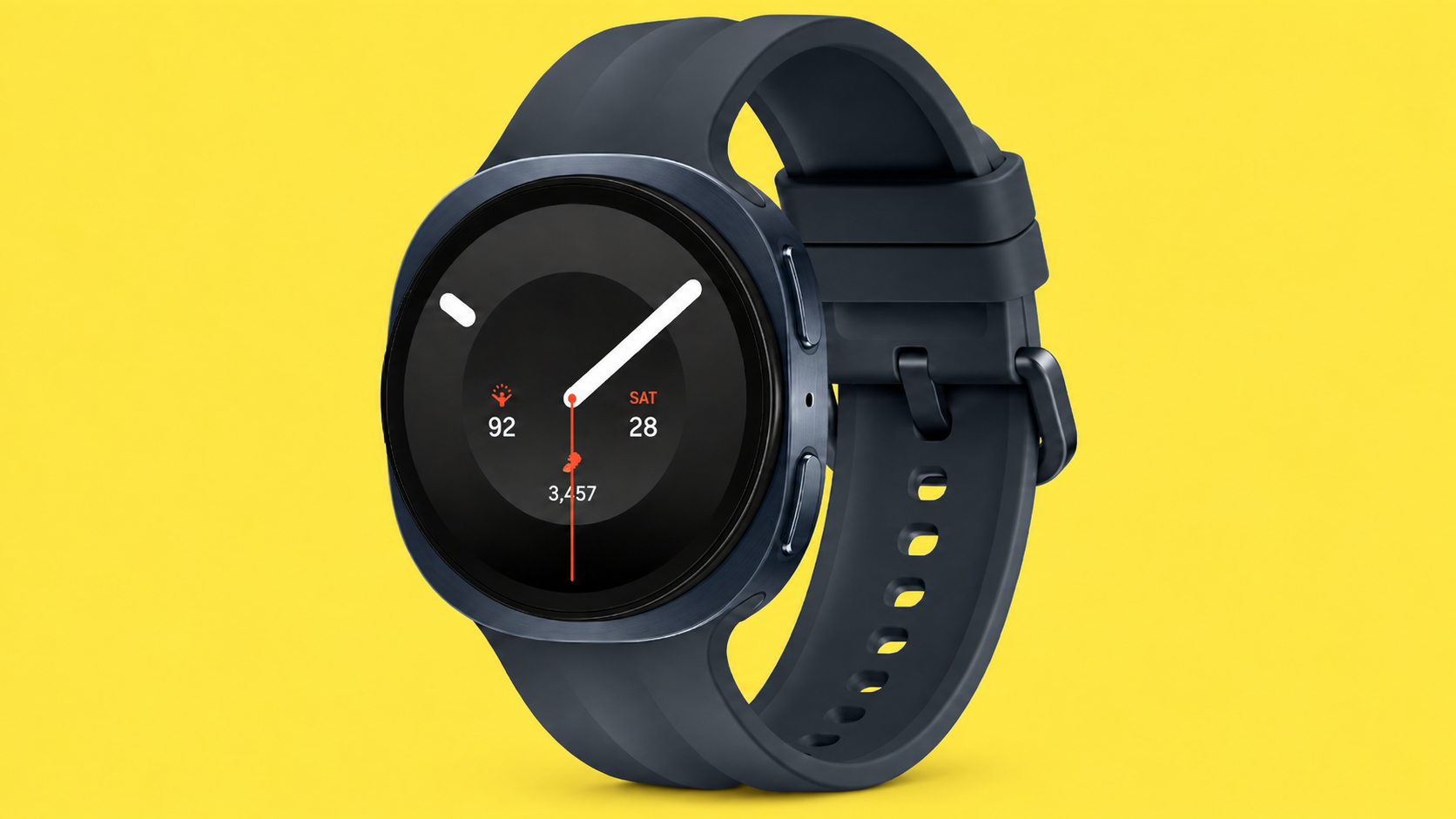 Samsung Galaxy Watch9 Graphite su sfondo giallo