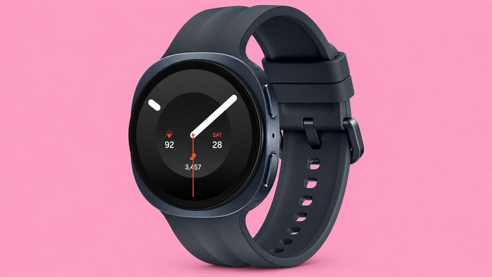 Samsung Galaxy Watch9 Graphite su sfondo rosa