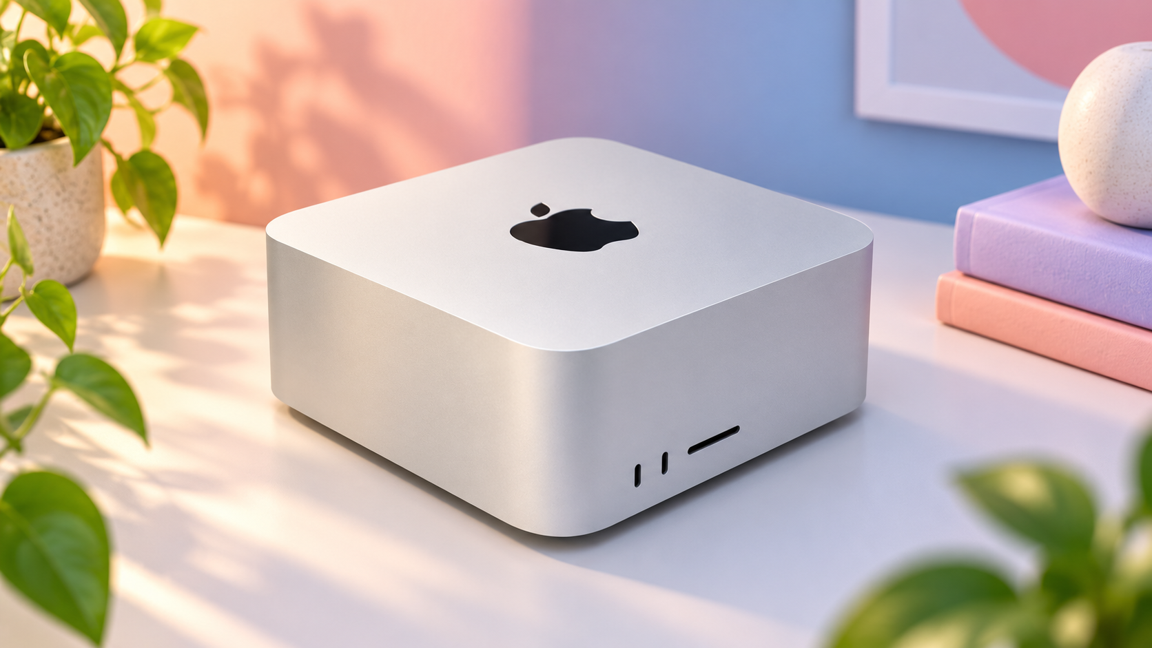 Vista frontale di Mac Studio con porte USB-C e lettore SD