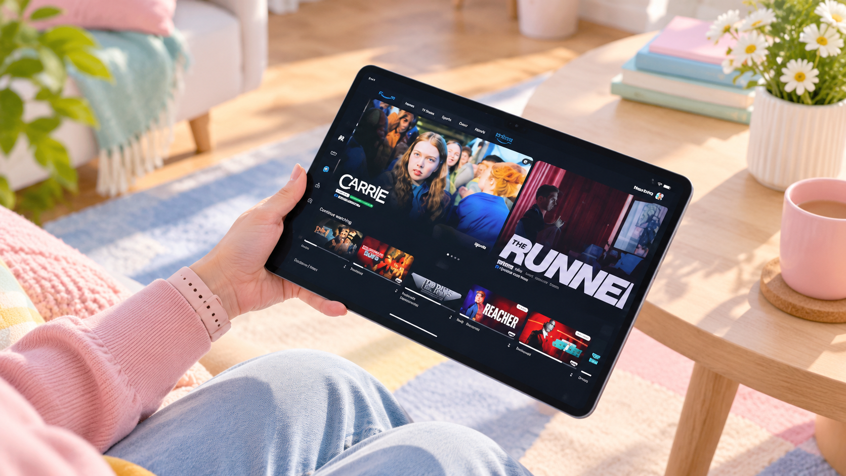 Amazon Alexa Tablet 12 Pro tenuto in mano con app di intrattenimento