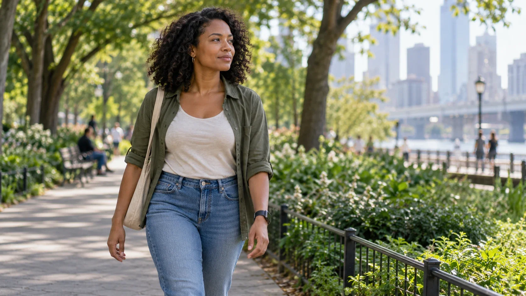 Una donna passeggia in un parco cittadino indossando uno smartwatch