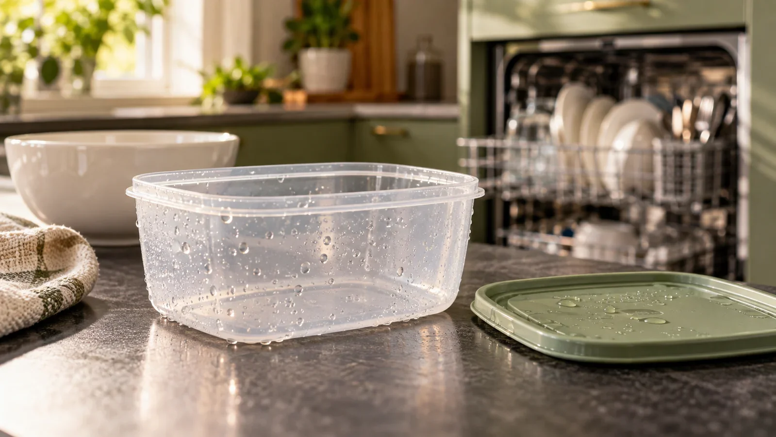 Contenitore di plastica trasparente con gocce, coperchio salvia e ciotola di ceramica sul piano di una cucina: illustrazione editoriale.