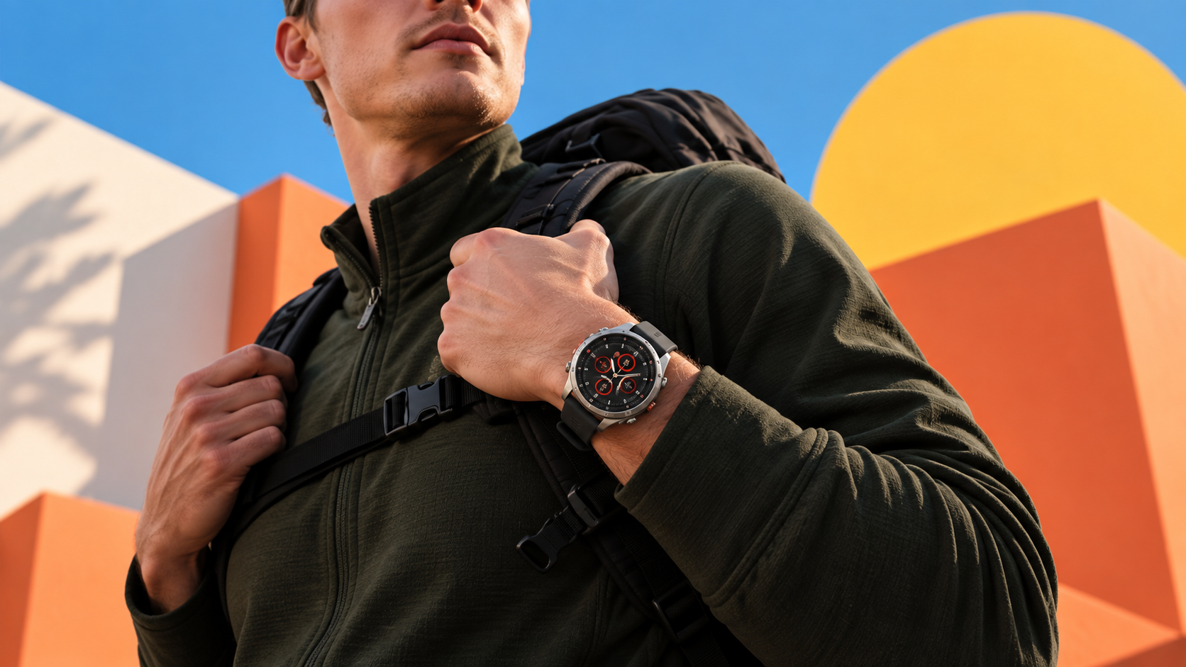 Garmin Fēnix 9 Pro al polso di un viaggiatore con zaino