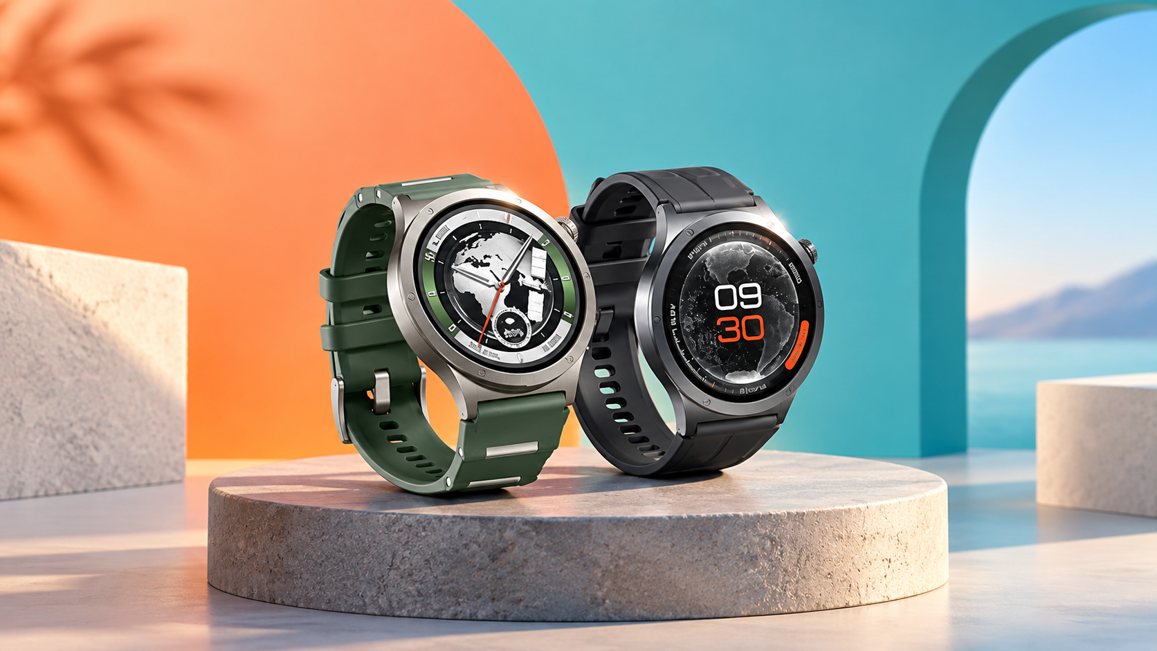 Illustrazione editoriale: OnePlus Watch 4 verde e nero affiancati su un piedistallo