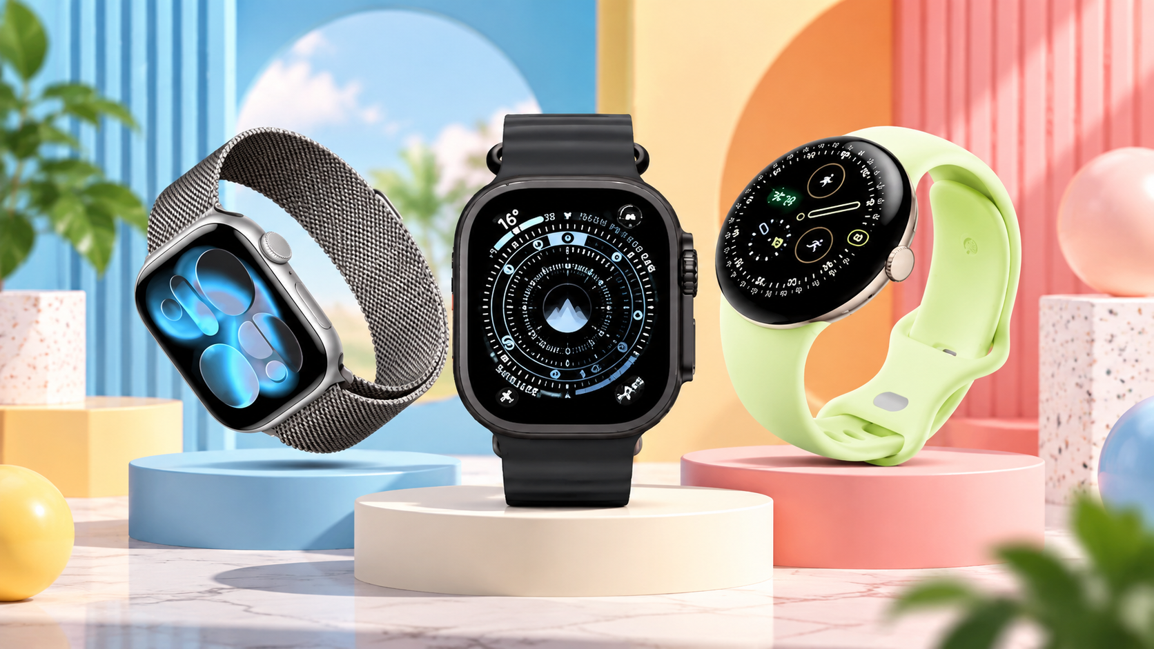 Smartwatch su piedistalli colorati, copertina della guida 2026