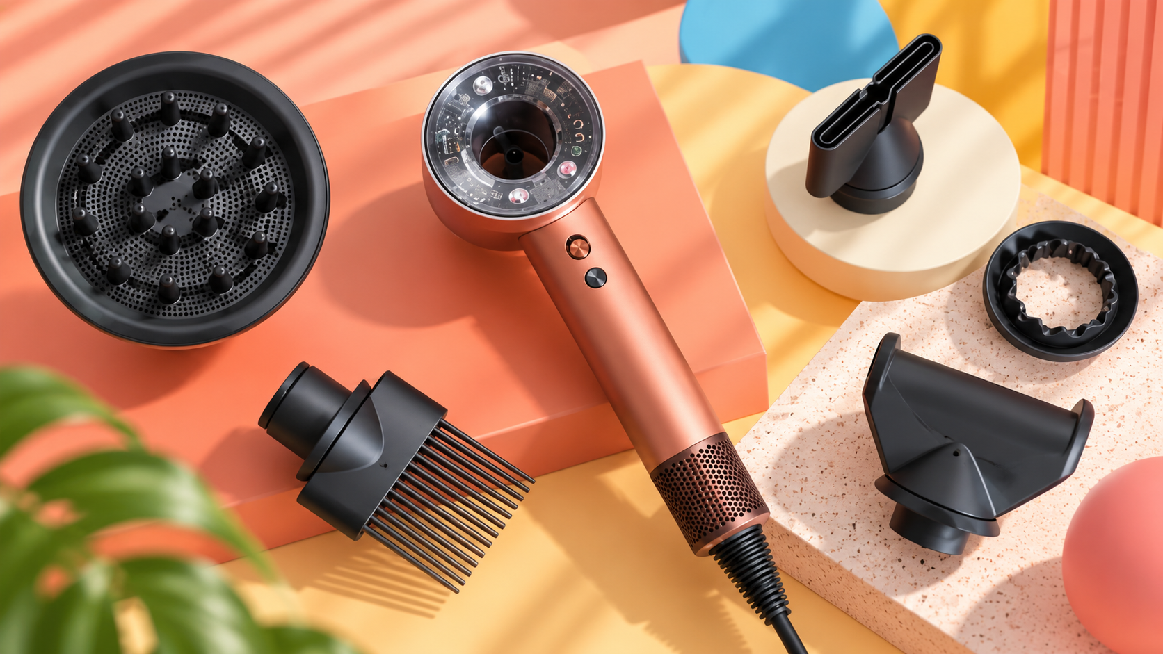 Dyson Supersonic Nural e accessori disposti in una composizione editoriale