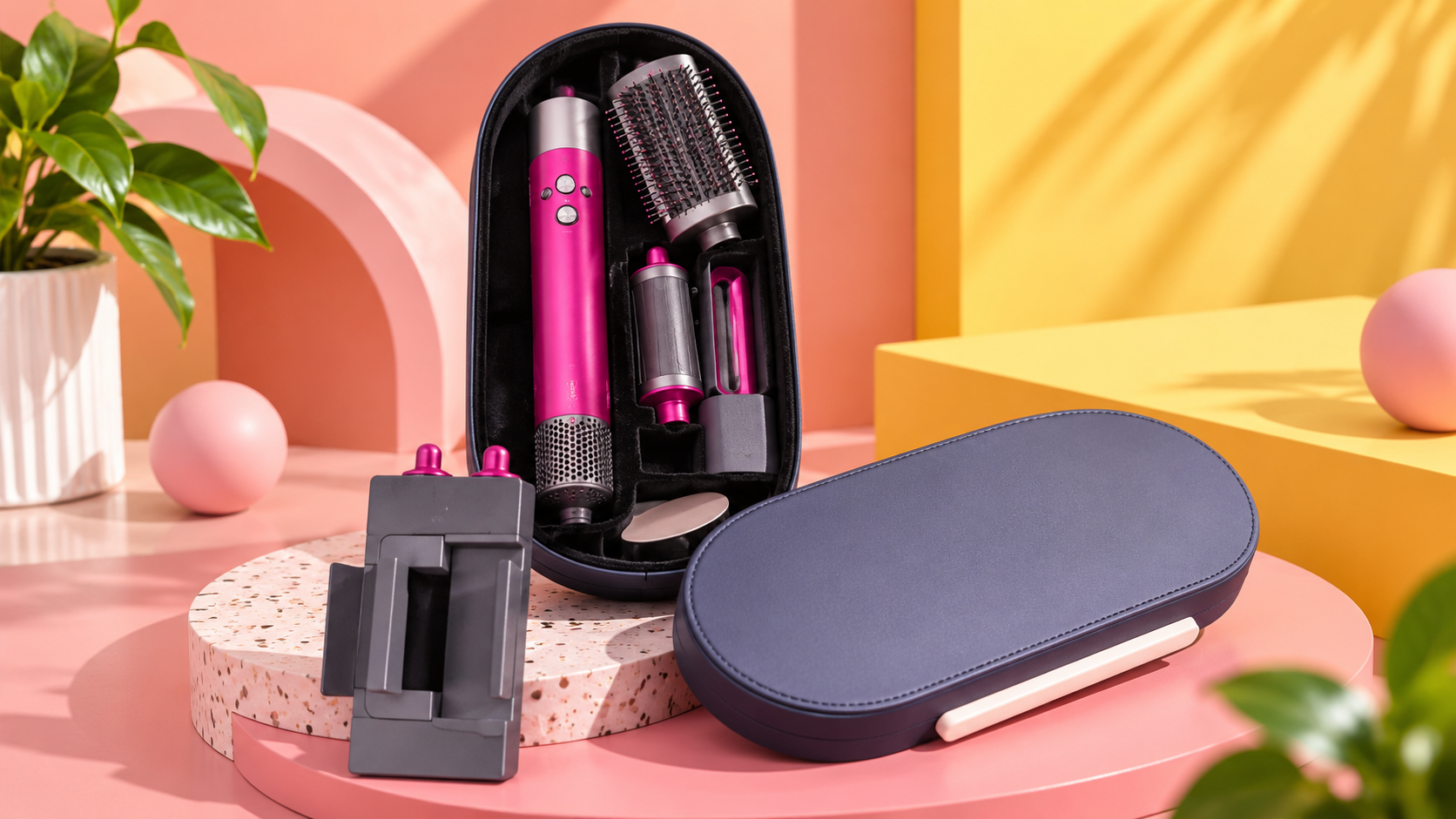 Composizione illustrativa di uno styler Dyson con accessori e custodia su uno sfondo rosa e arancio