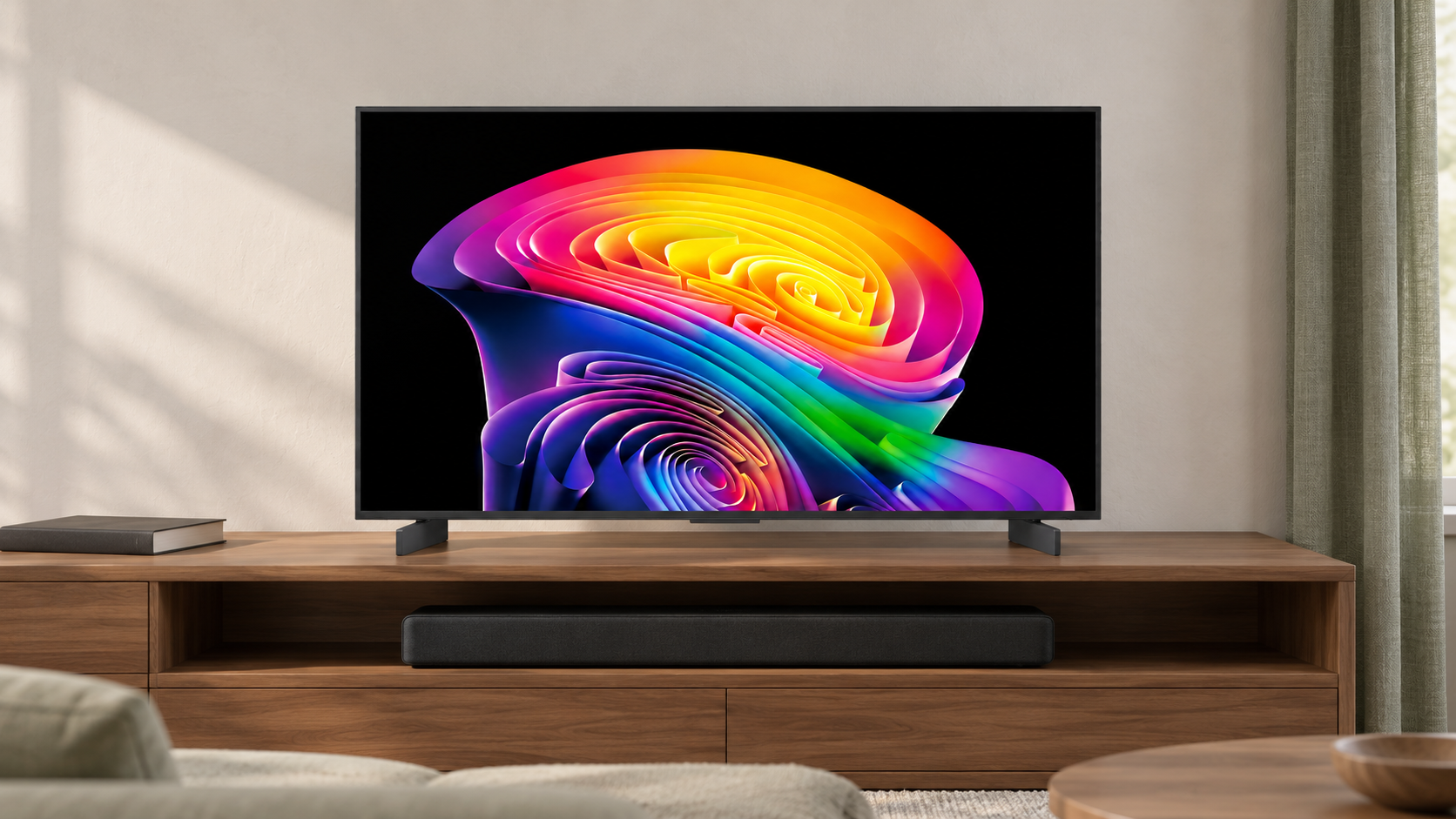 Illustrazione editoriale di LG C6 da 42 pollici con soundbar separata sul ripiano inferiore