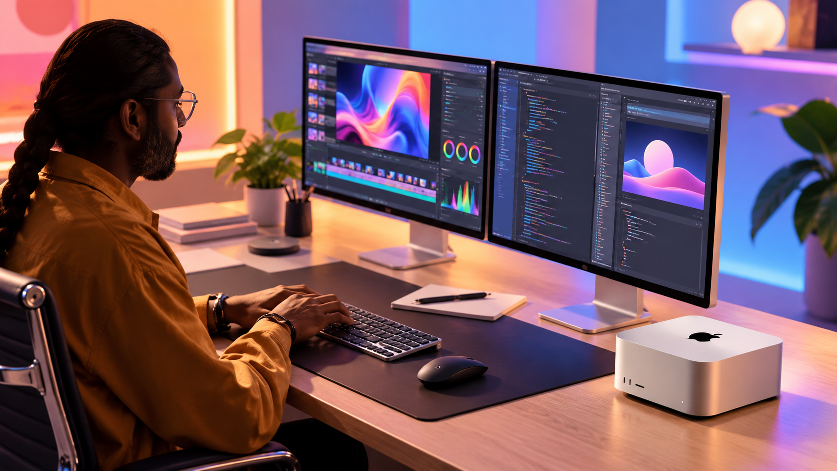 Postazione creativa con Mac Studio e due monitor