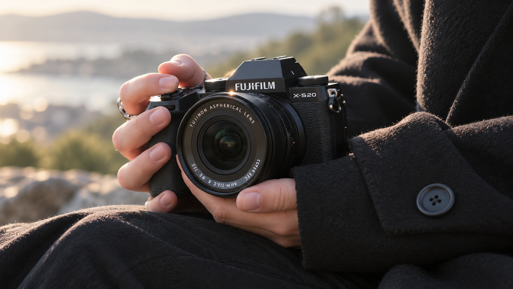 Fujifilm X-S20 con obiettivo impugnata all’aperto