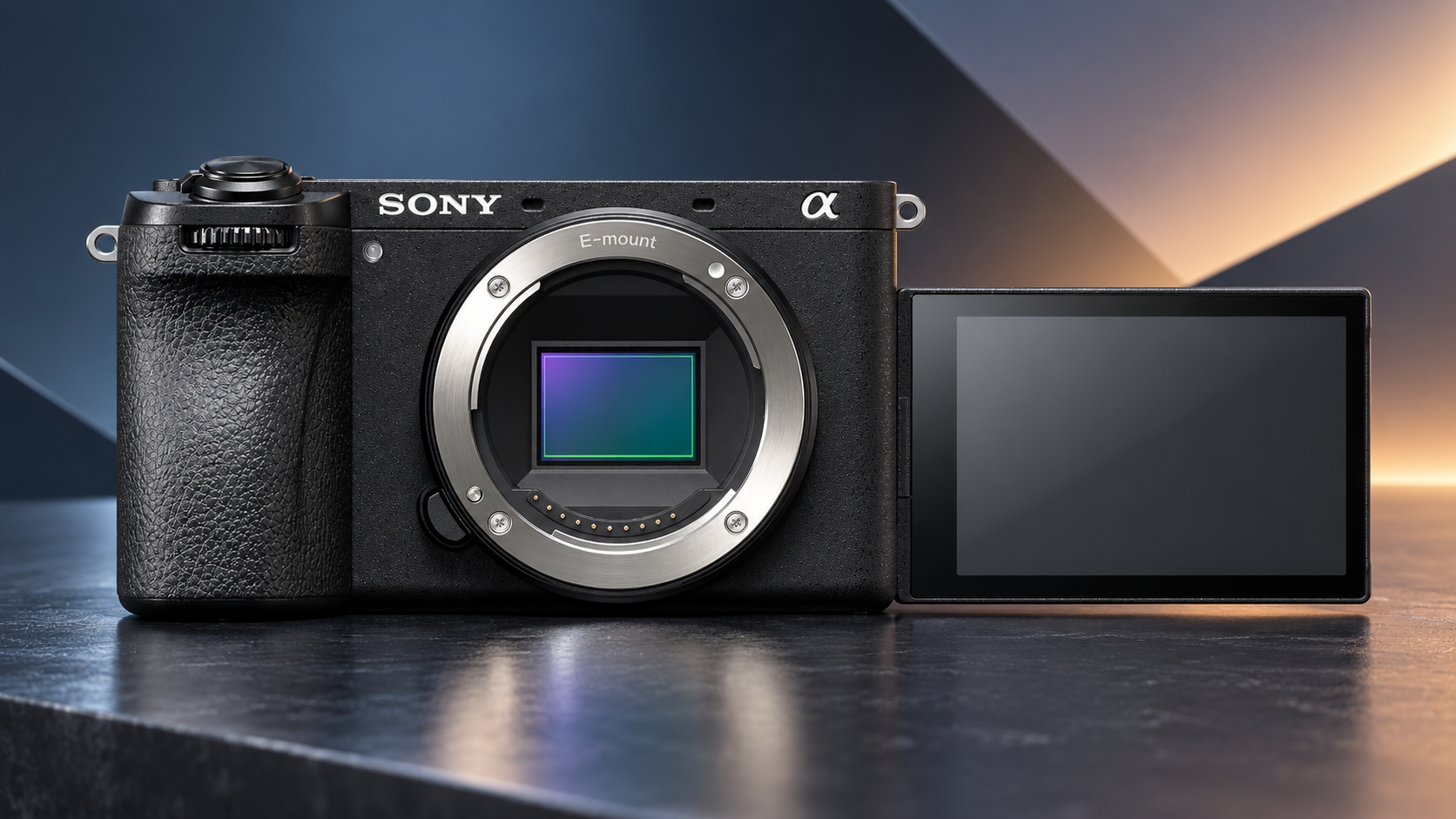 Sony a6700 con monitor orientabile aperto in una composizione editoriale