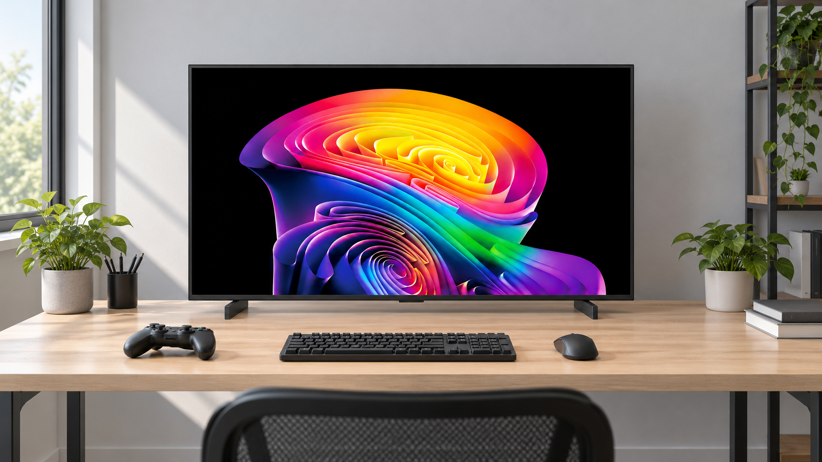 Illustrazione editoriale di LG C6 da 42 pollici su una scrivania con tastiera e controller