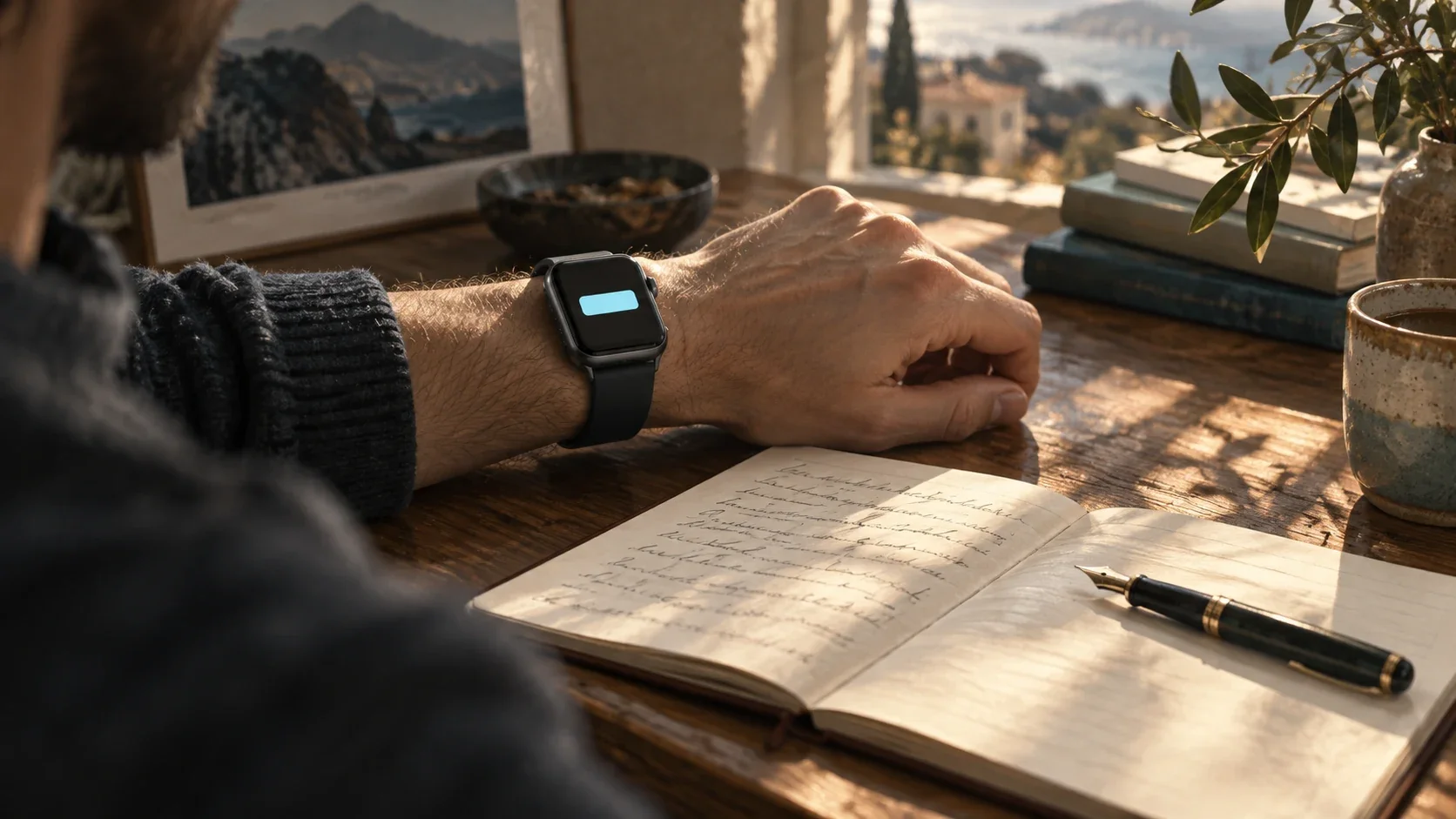 Illustrazione editoriale di un avviso su uno smartwatch generico accanto a un quaderno aperto