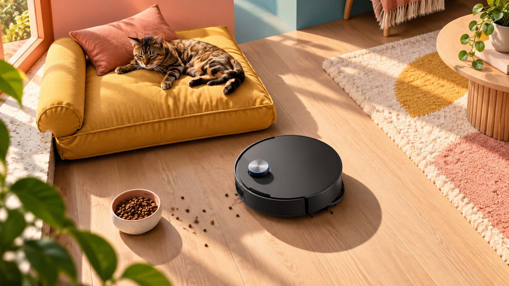 Robot aspirapolvere Dreame vicino alla ciotola di un gatto in soggiorno