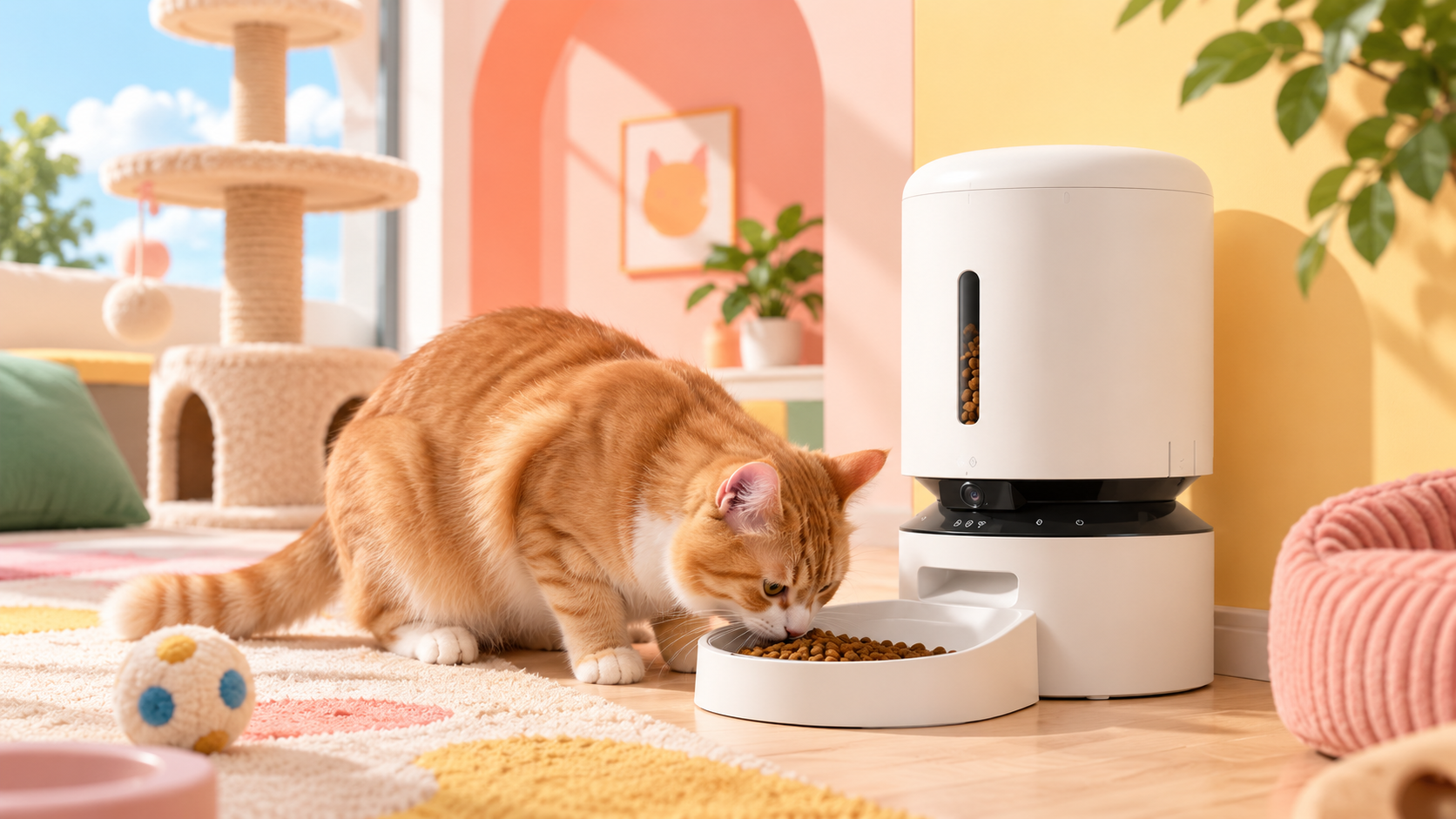 PETLIBRO Granary con un gatto accanto alla ciotola in un ambiente domestico illustrato