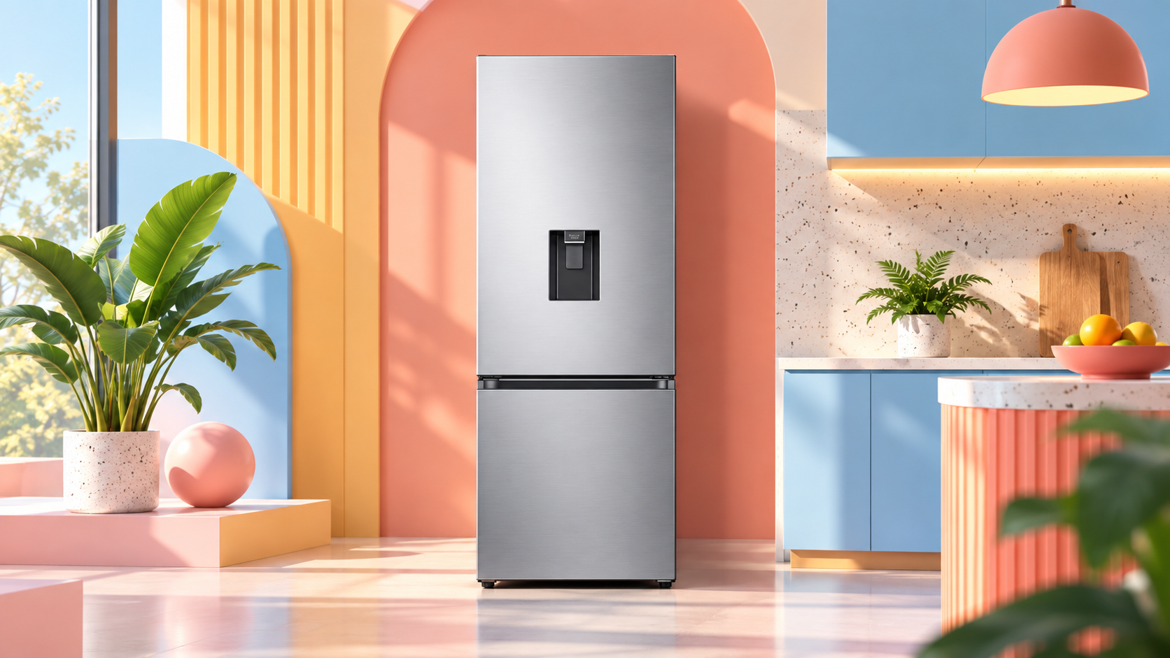 Samsung EcoFlex AI con dispenser ambientato in una cucina dai colori pastello