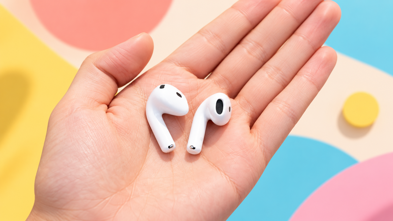 Due AirPods 5 nel palmo di una mano su sfondo colorato
